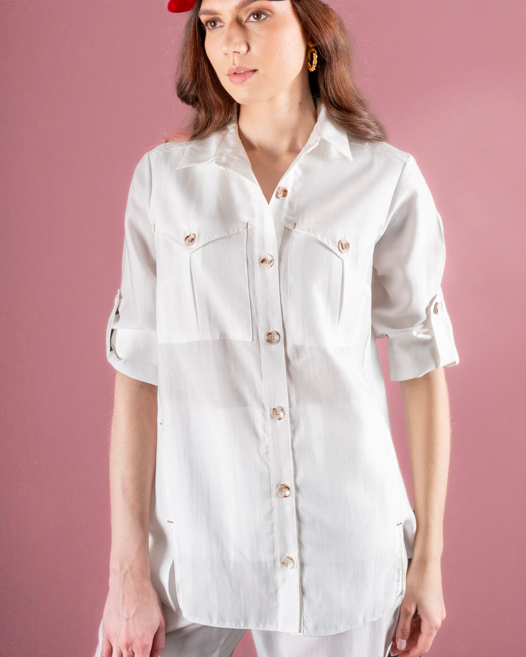 Cep Detay Önü Düğmeli Gömlek-Pantolon Takım