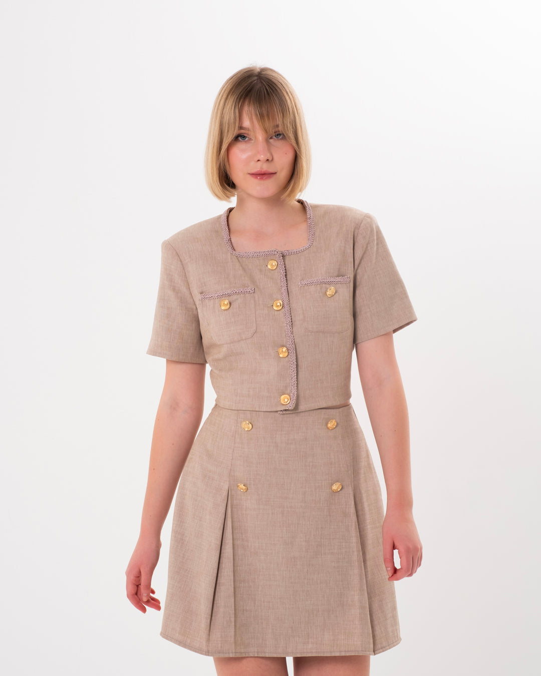 Düğme Detaylı Yakası İşlemeli Crop Ceket-Etek Takım