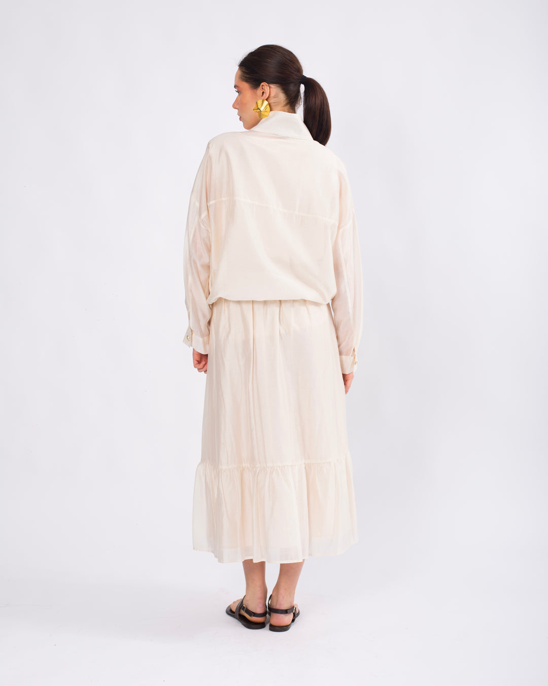 Yaka Detaylı Önü Düğmeli Oversize Ceket-Atlet-Beli Lastikli Etek Takım