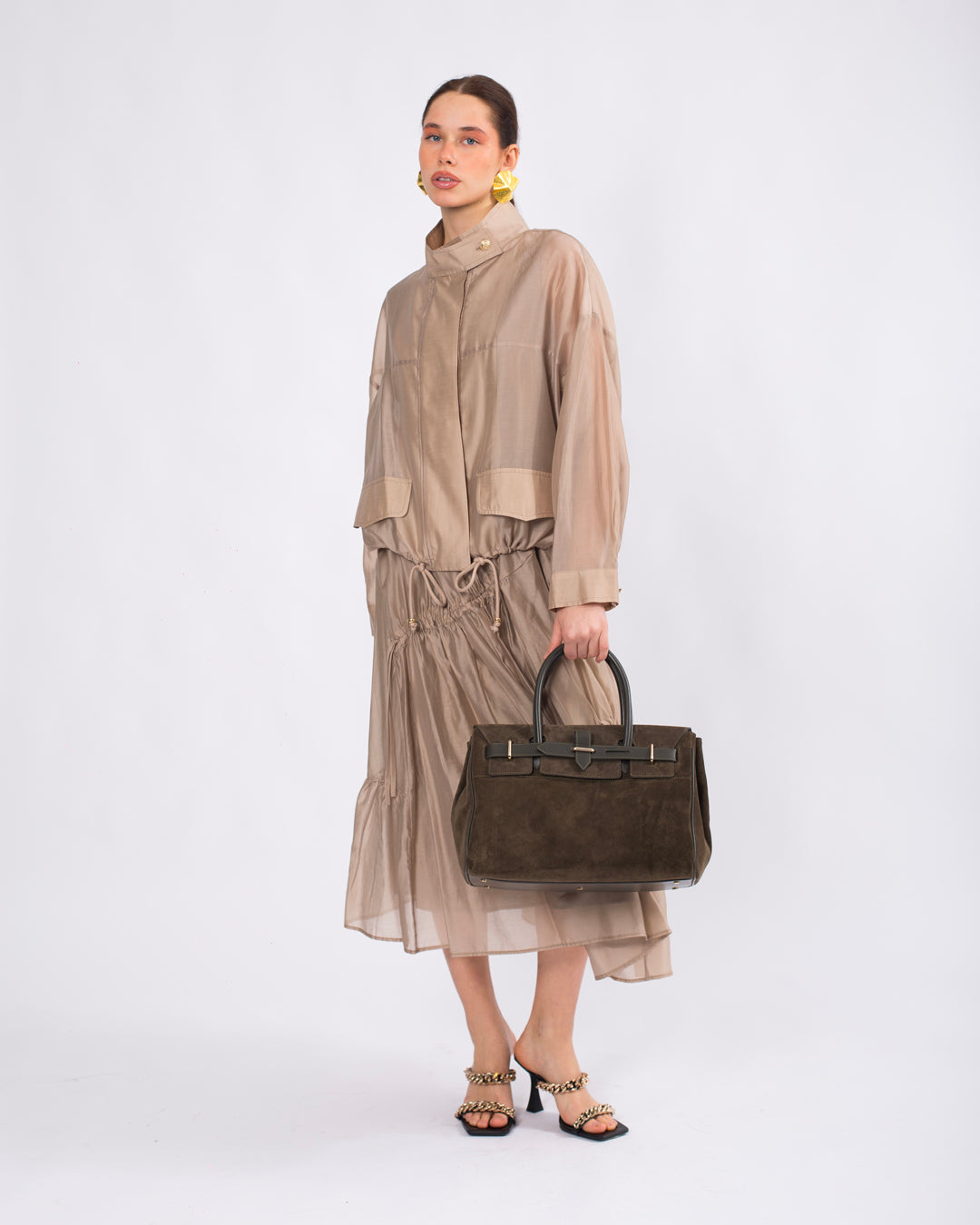 Yaka Detaylı Önü Düğmeli Oversize Ceket-Atlet-Beli Lastikli Etek Takım