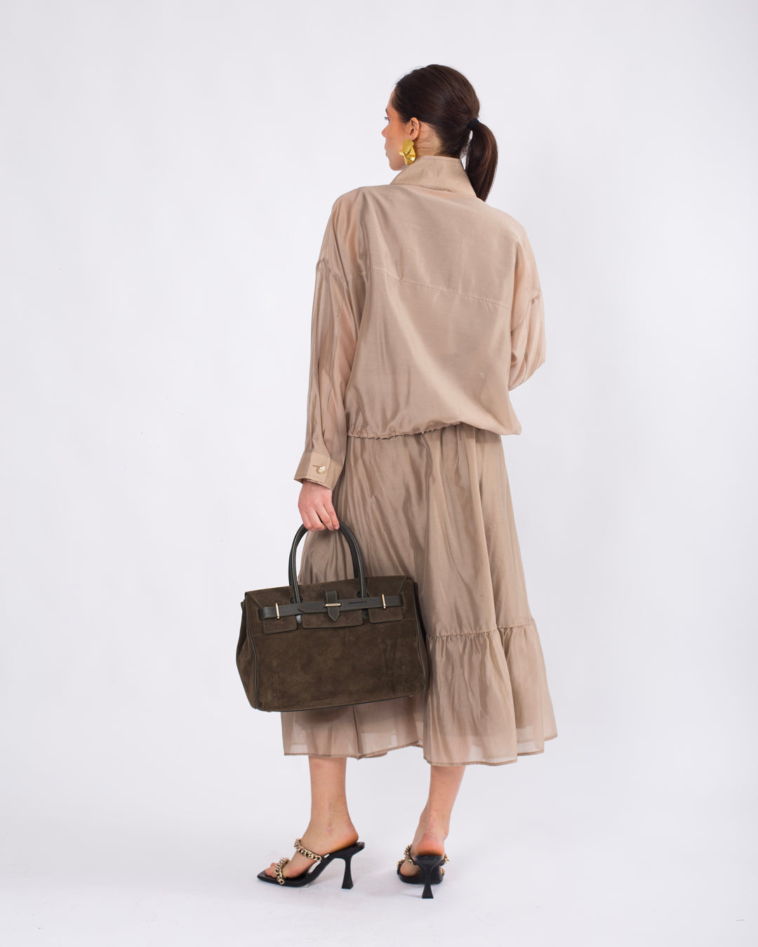 Yaka Detaylı Önü Düğmeli Oversize Ceket-Atlet-Beli Lastikli Etek Takım