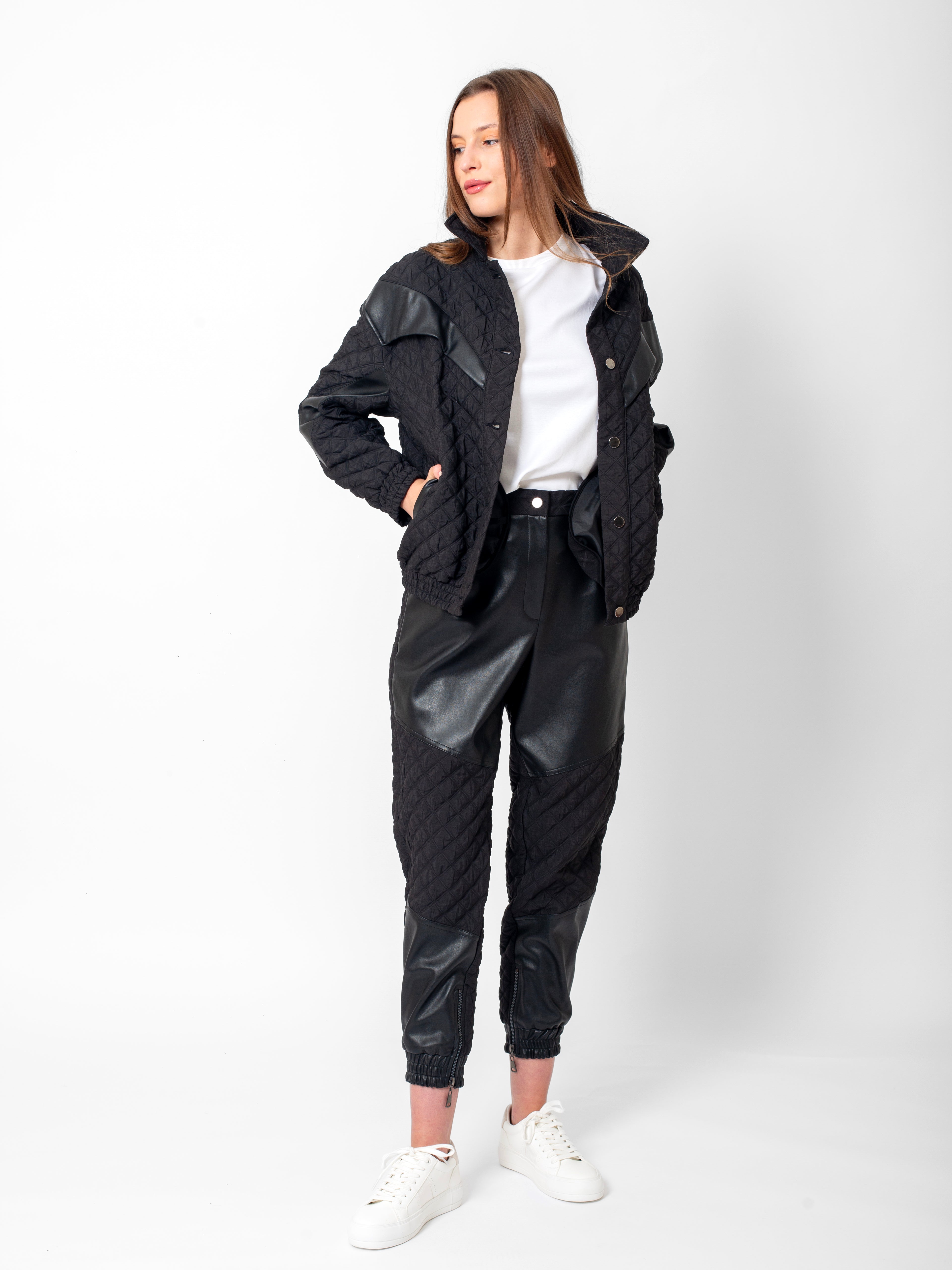 Gömlek Yaka Deri Detaylı Kapitone Mont-Beli Lastikli Pantolon Takım