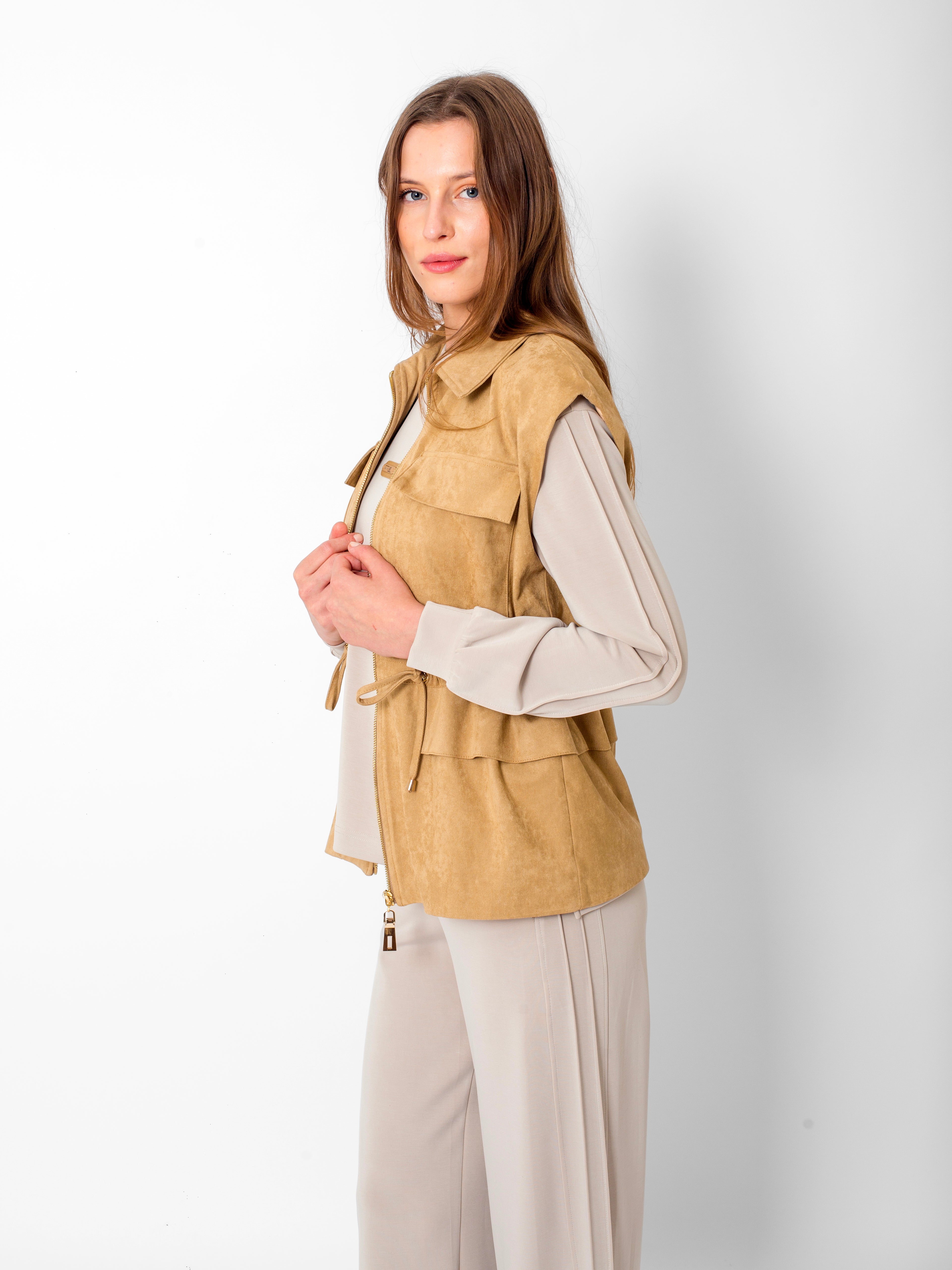 Gömlek Yaka Süet Yelek-Sweatshirt-Beli Lastikli Pantolon Takım