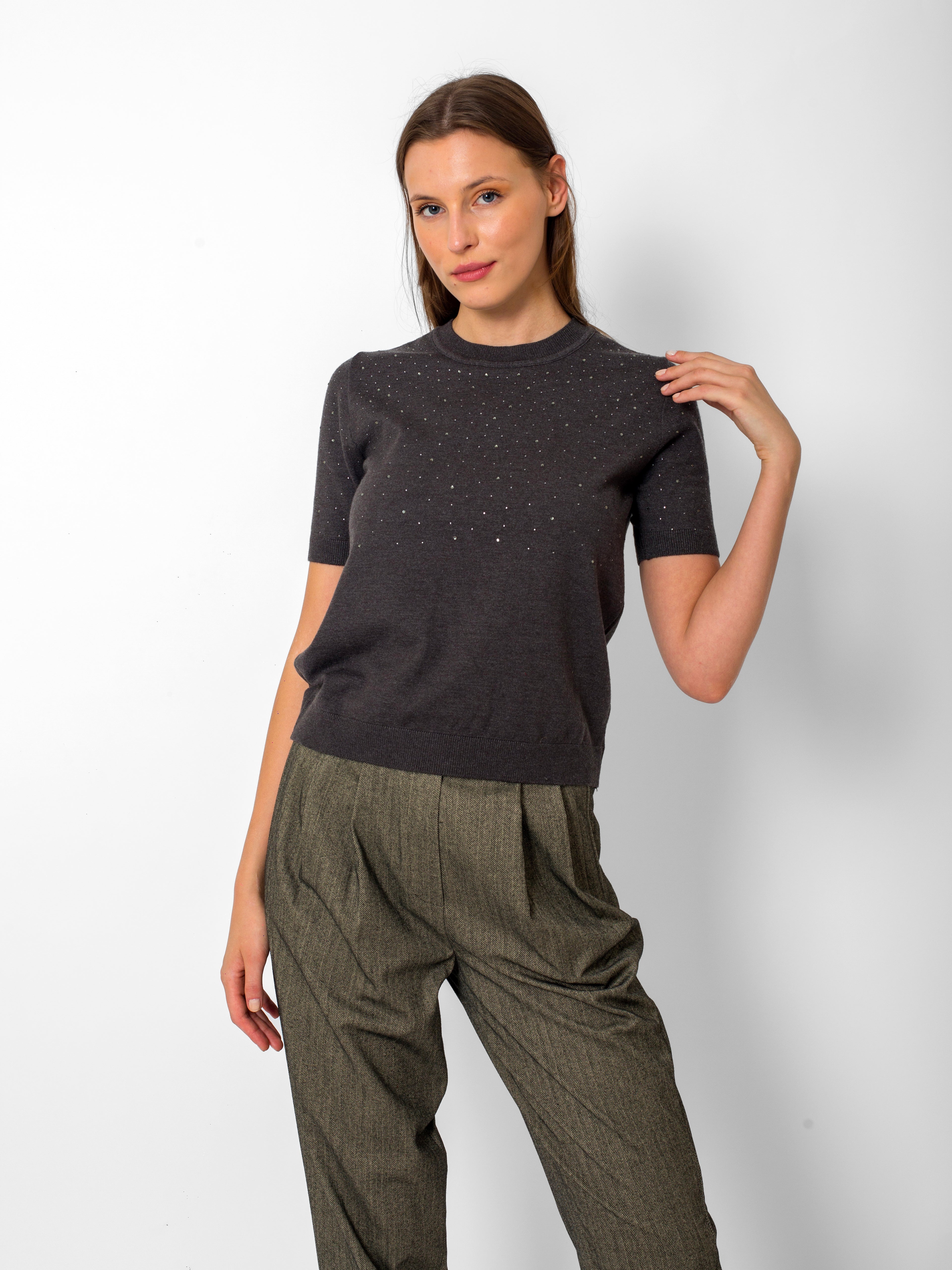 Yuvarlak Yaka Serpme Taşlı Kısa Kollu Triko Bluz