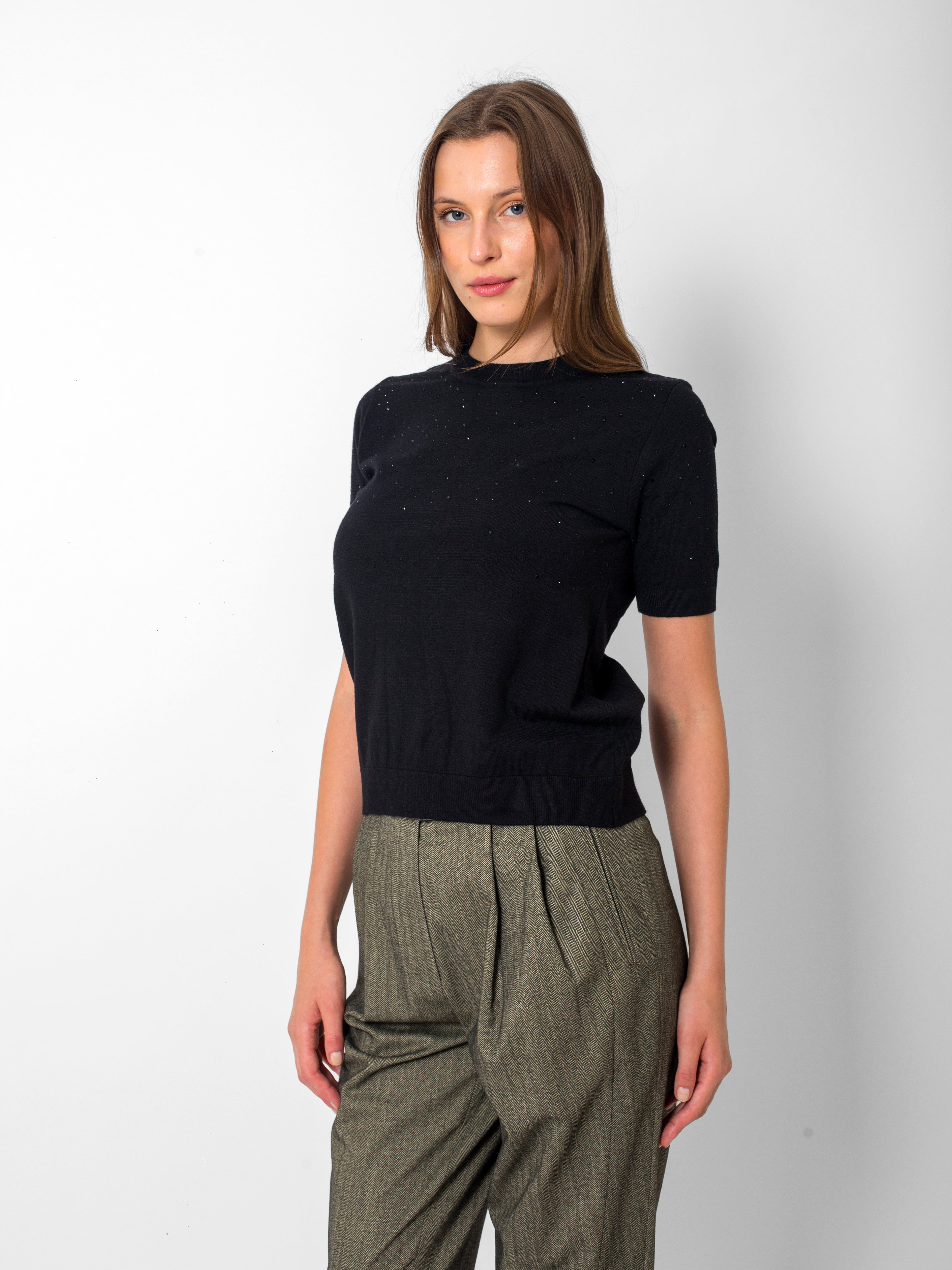 Yuvarlak Yaka Serpme Taşlı Kısa Kollu Triko Bluz