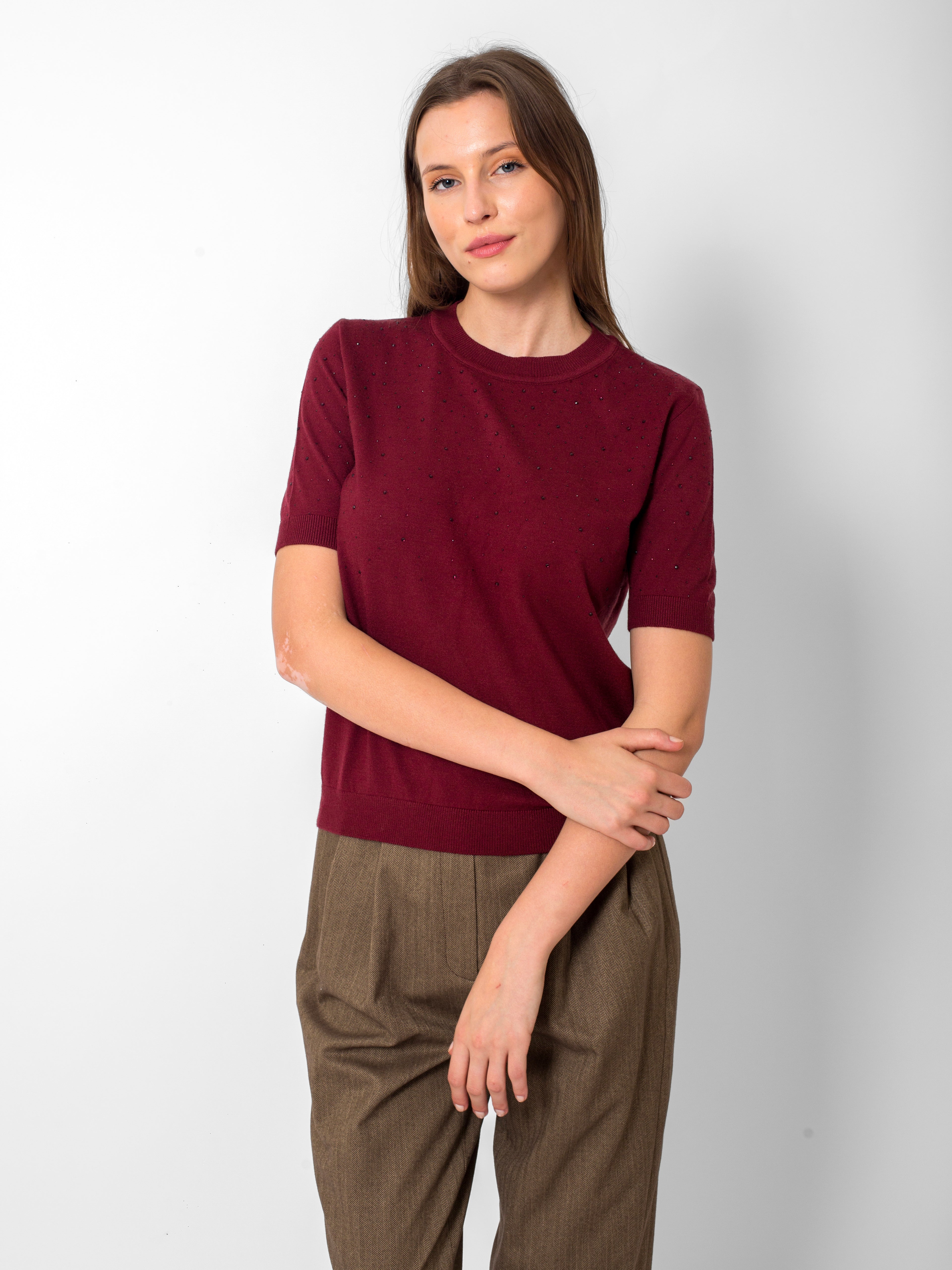 Yuvarlak Yaka Serpme Taşlı Kısa Kollu Triko Bluz