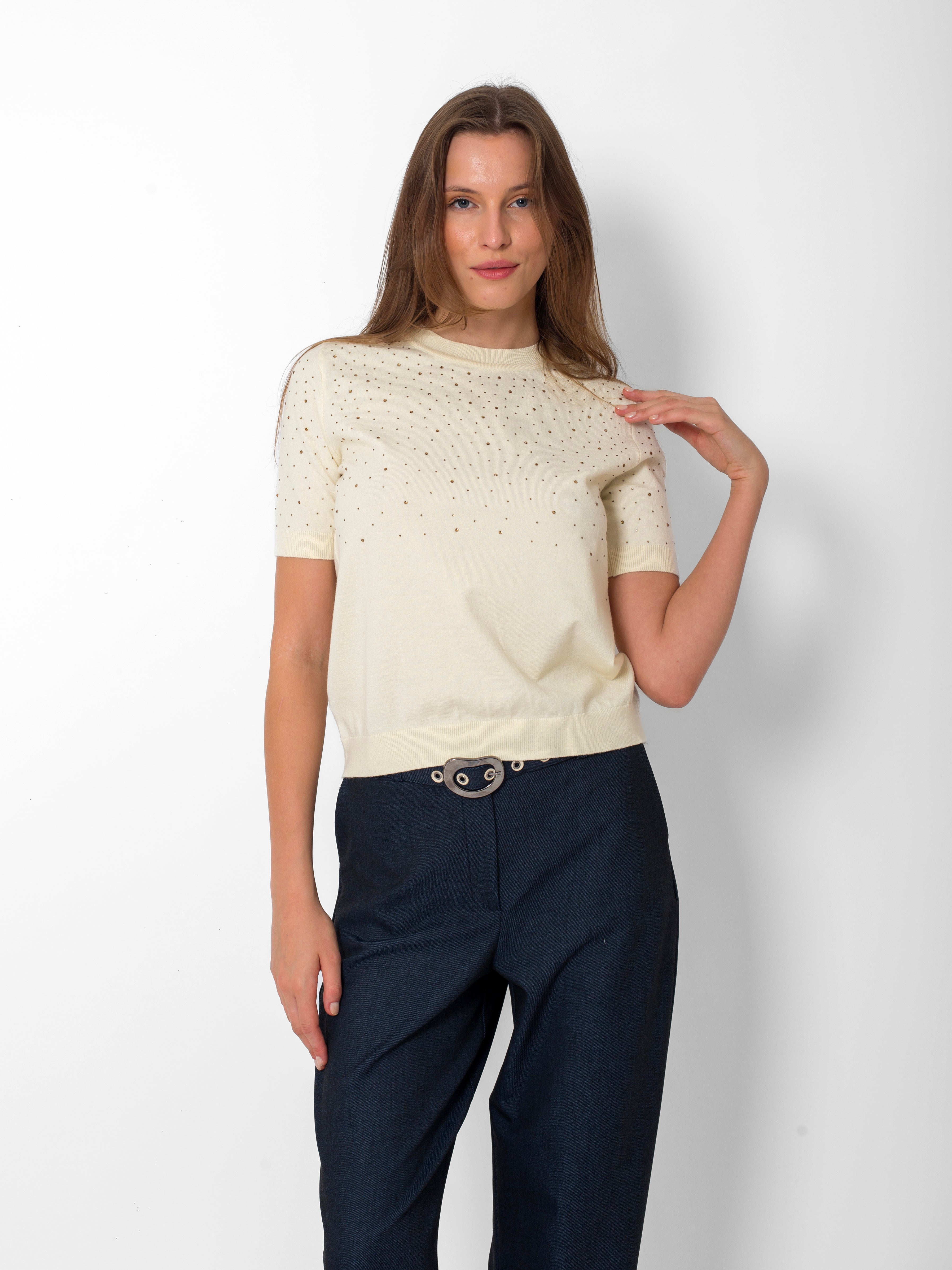 Yuvarlak Yaka Serpme Taşlı Kısa Kollu Triko Bluz