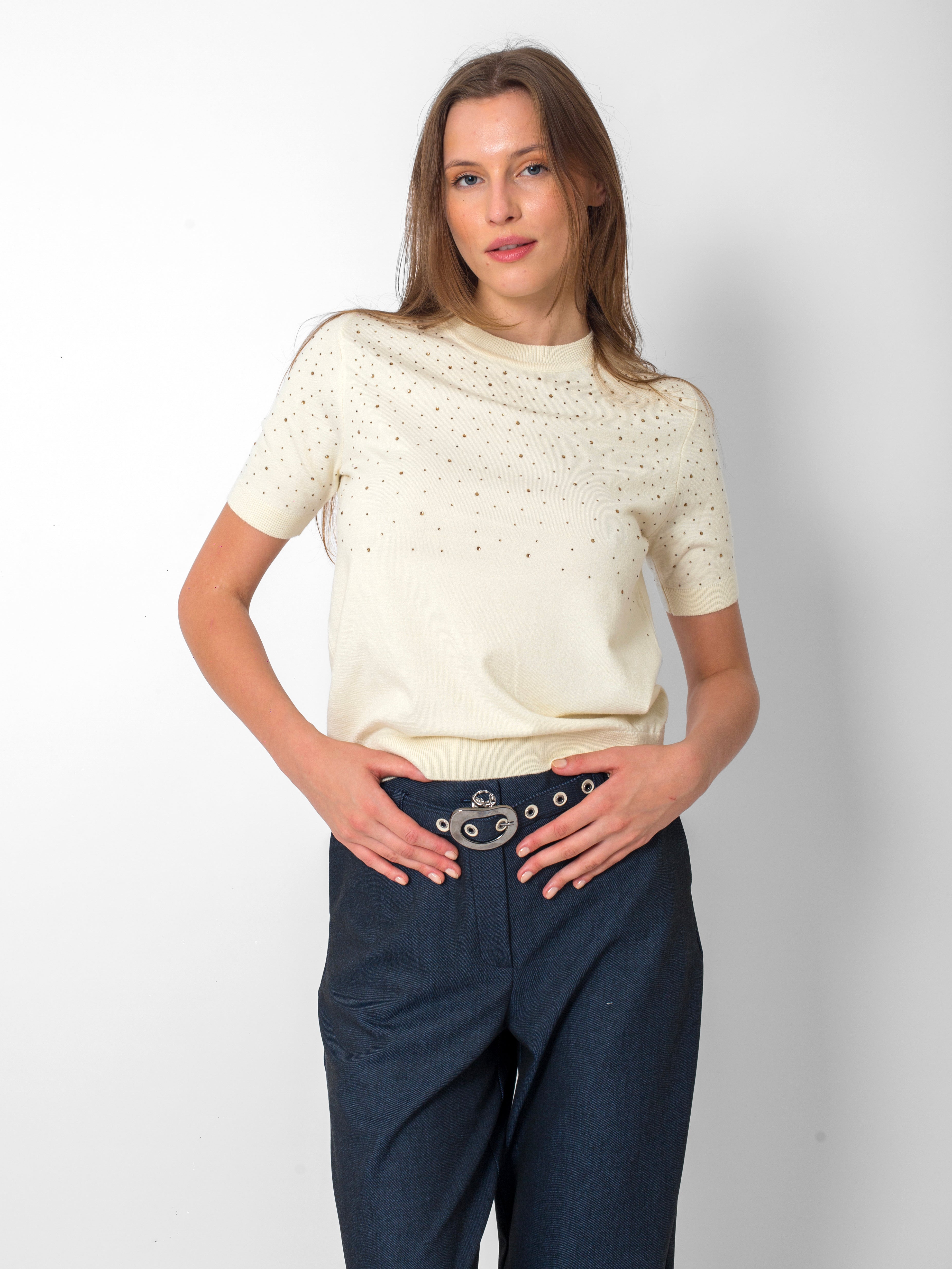 Yuvarlak Yaka Serpme Taşlı Kısa Kollu Triko Bluz