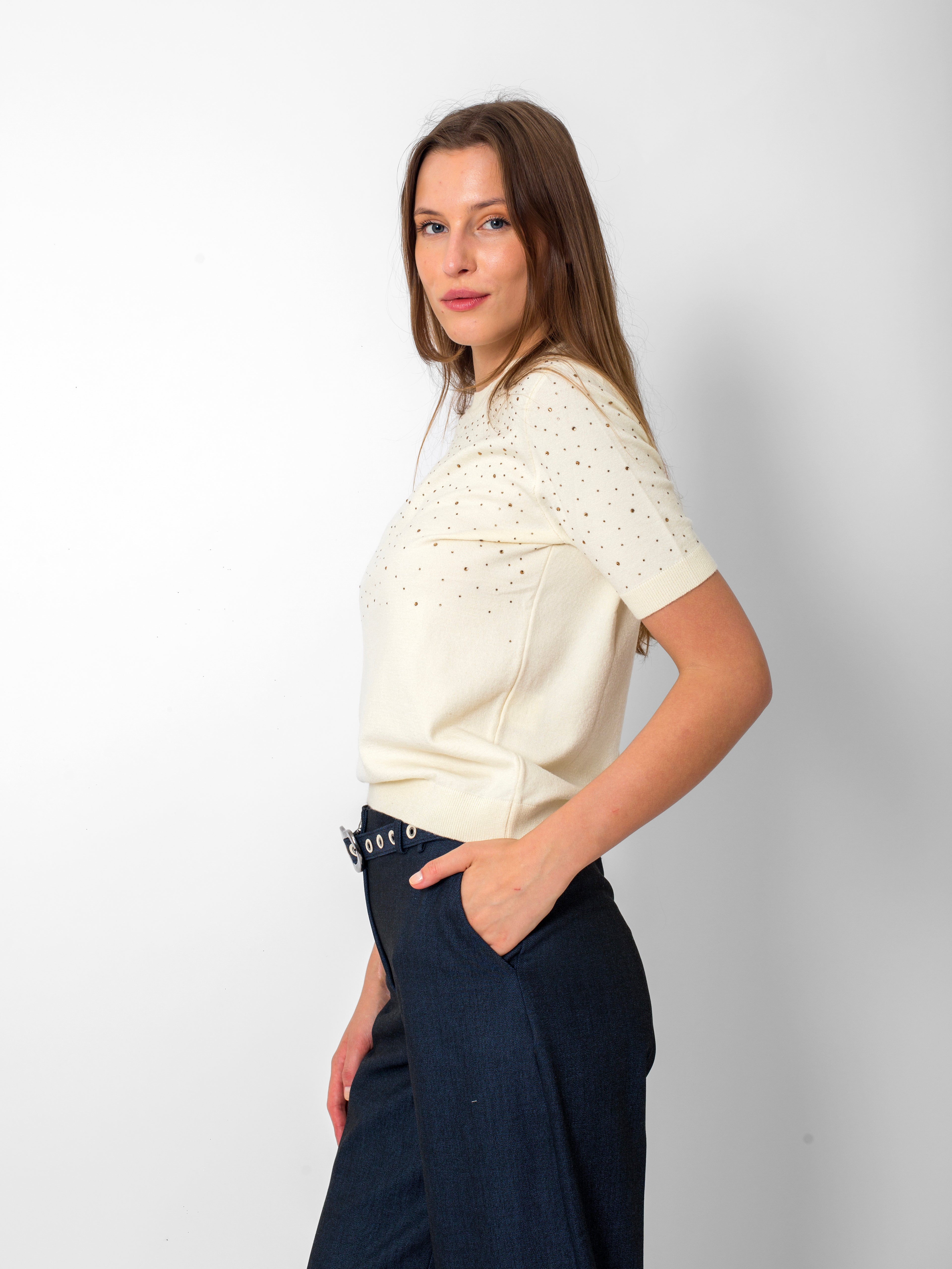 Yuvarlak Yaka Serpme Taşlı Kısa Kollu Triko Bluz