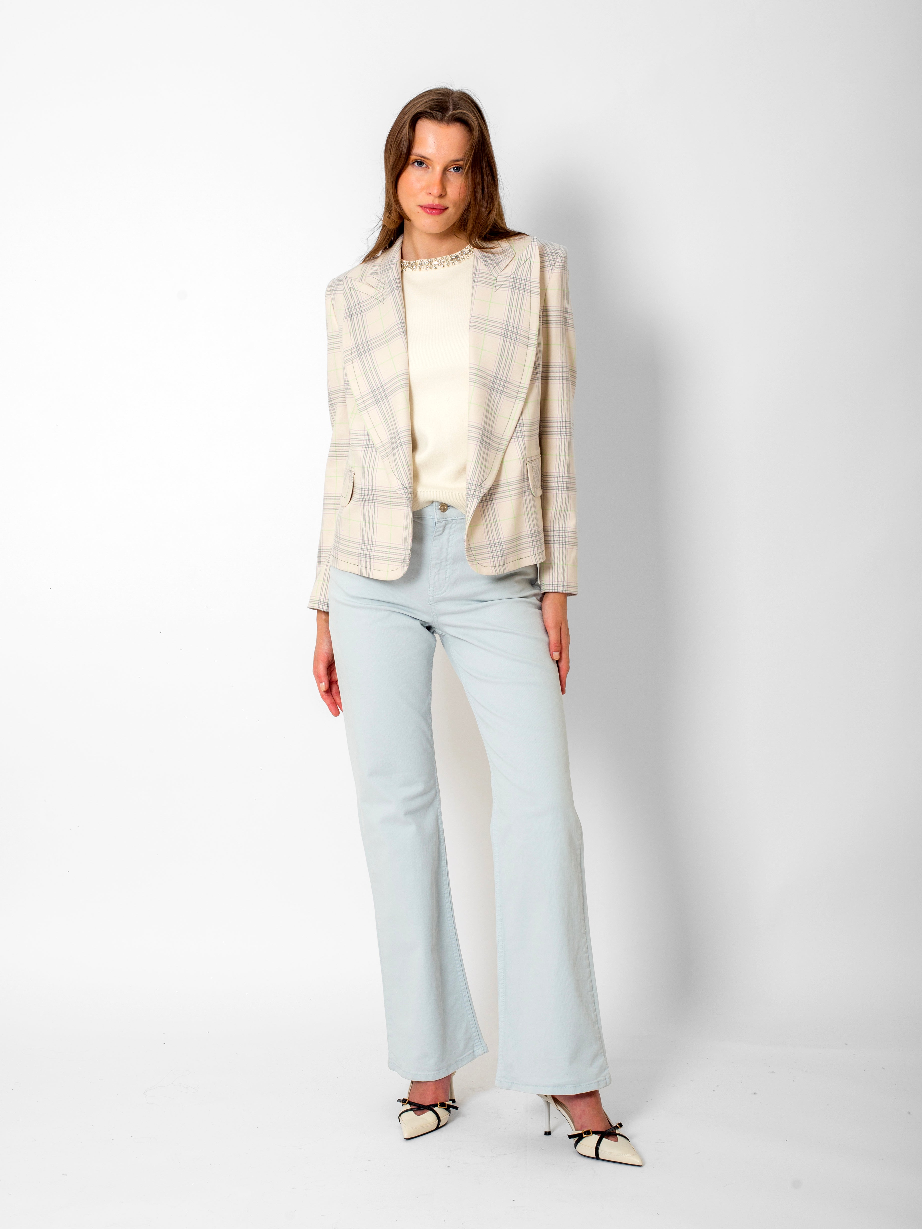 Kruvaze Yaka Ön Detaylı Çizgili Ceket