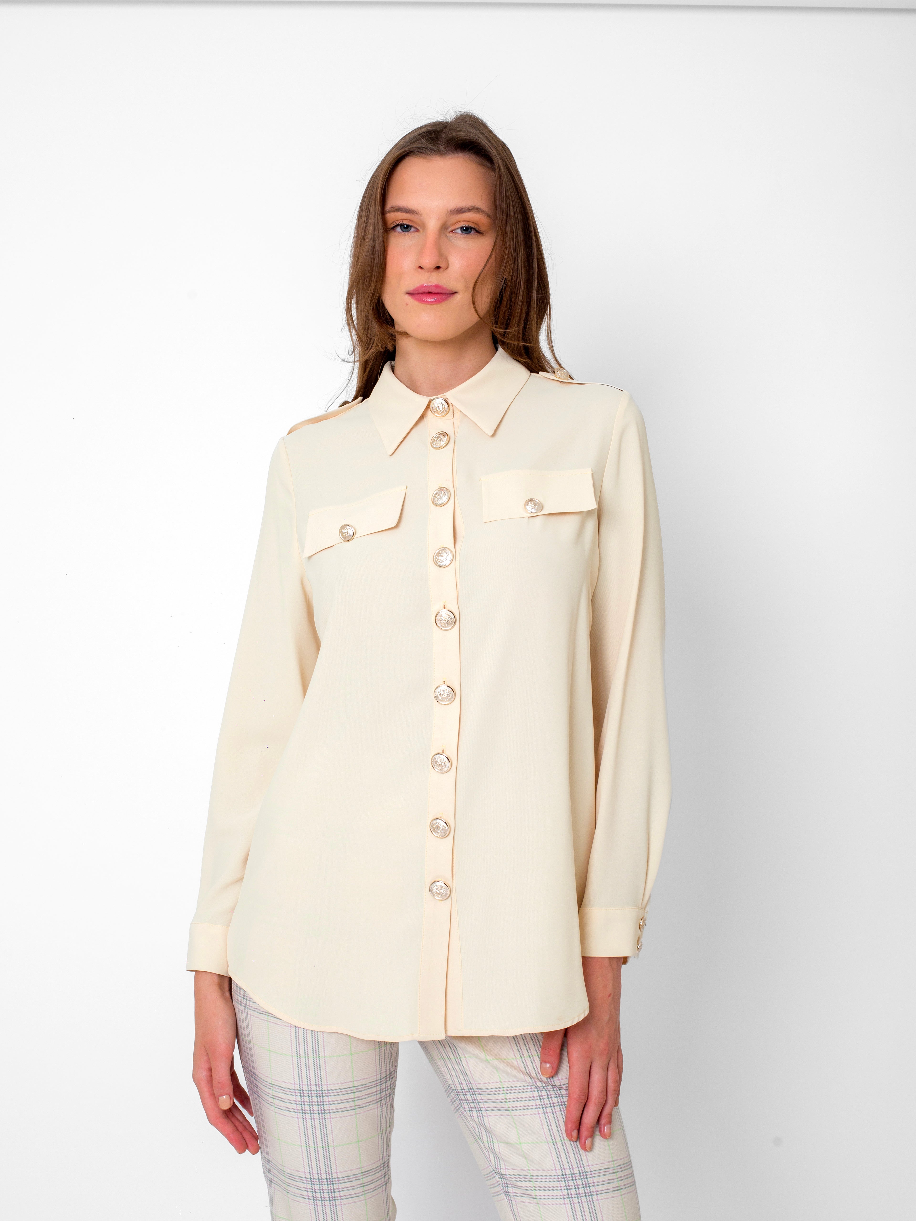 Gömlek Yaka Önü Düğme Detaylı Cep Aksesuarlı Bluz