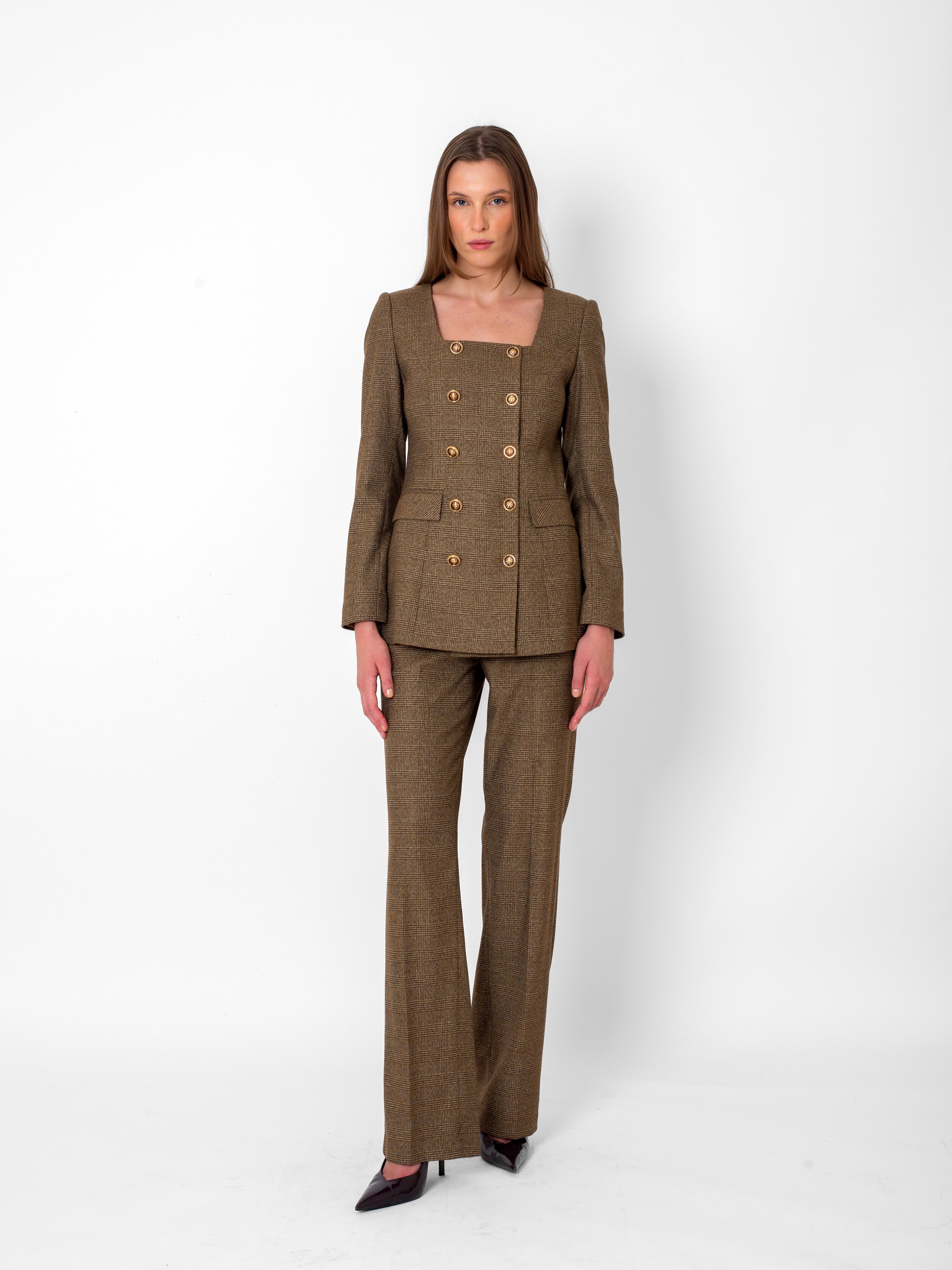 Kare Yaka Önü Düğme Detaylı Ekoseli Ceket - Pantolon Takım