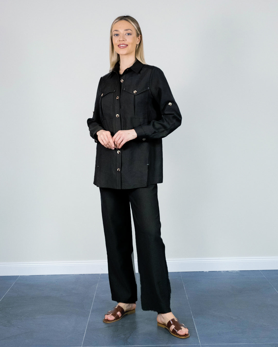 Cep Detay Önü Düğmeli Gömlek-Pantolon Takım