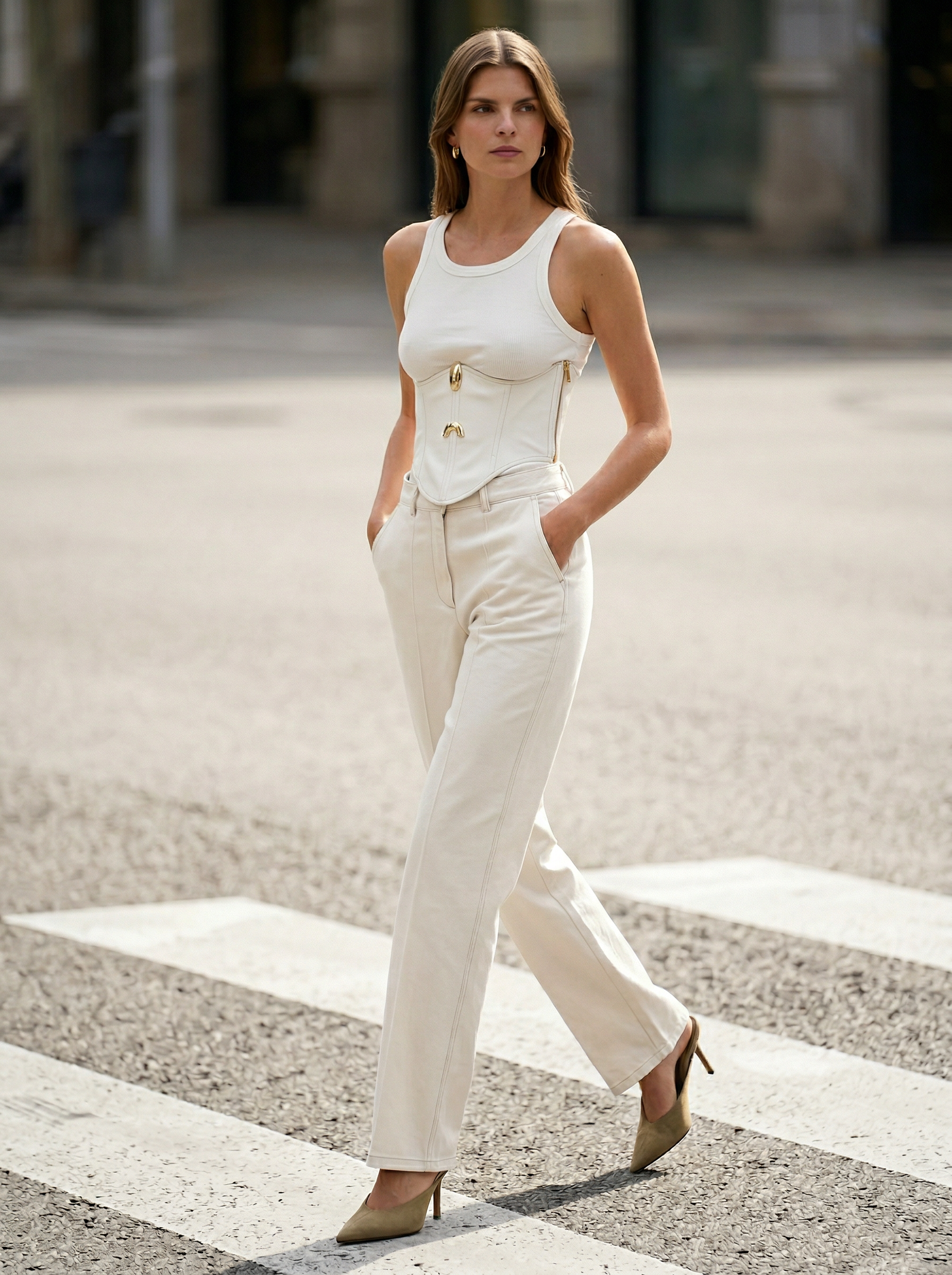 Kruvaze Yaka Önü Düğmeli Ceket-Önü Aksesuarlı Büstiyer-Pantolon Takım