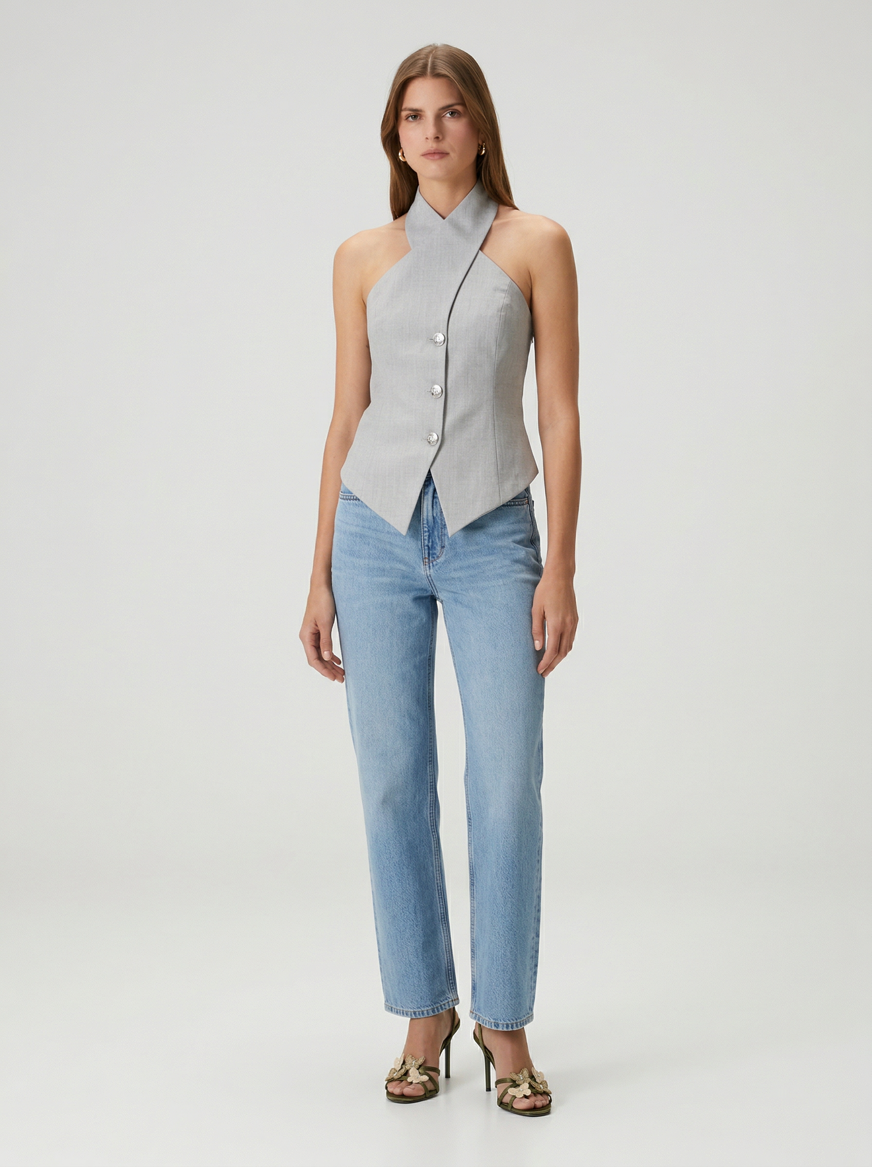 Boyun Detaylı Önü Düğmeli Yelek