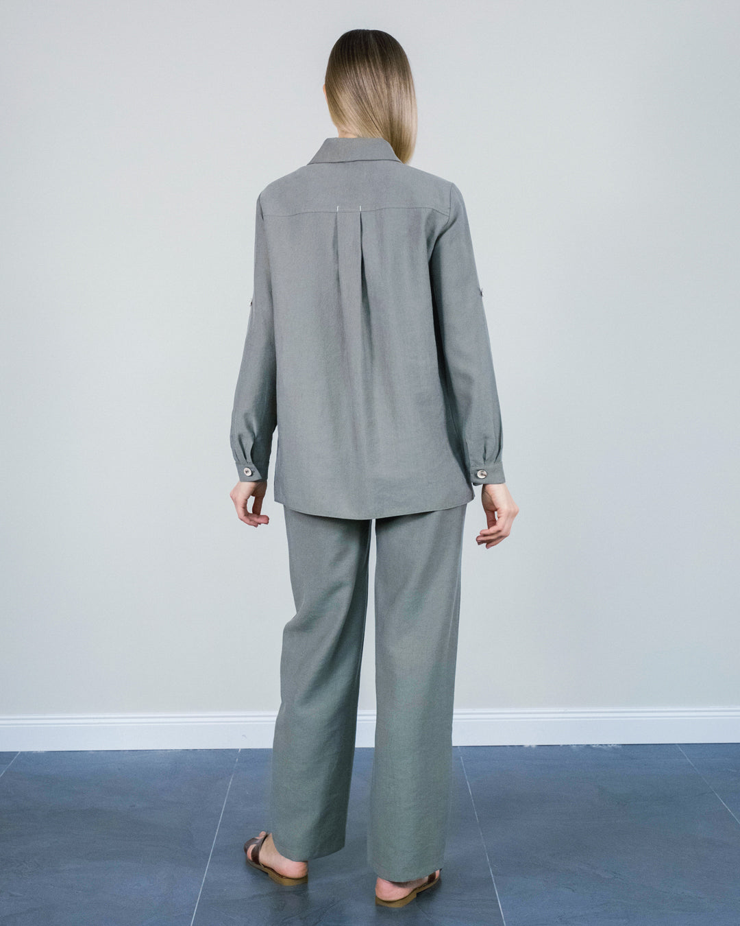 Cep Detay Önü Düğmeli Gömlek-Pantolon Takım