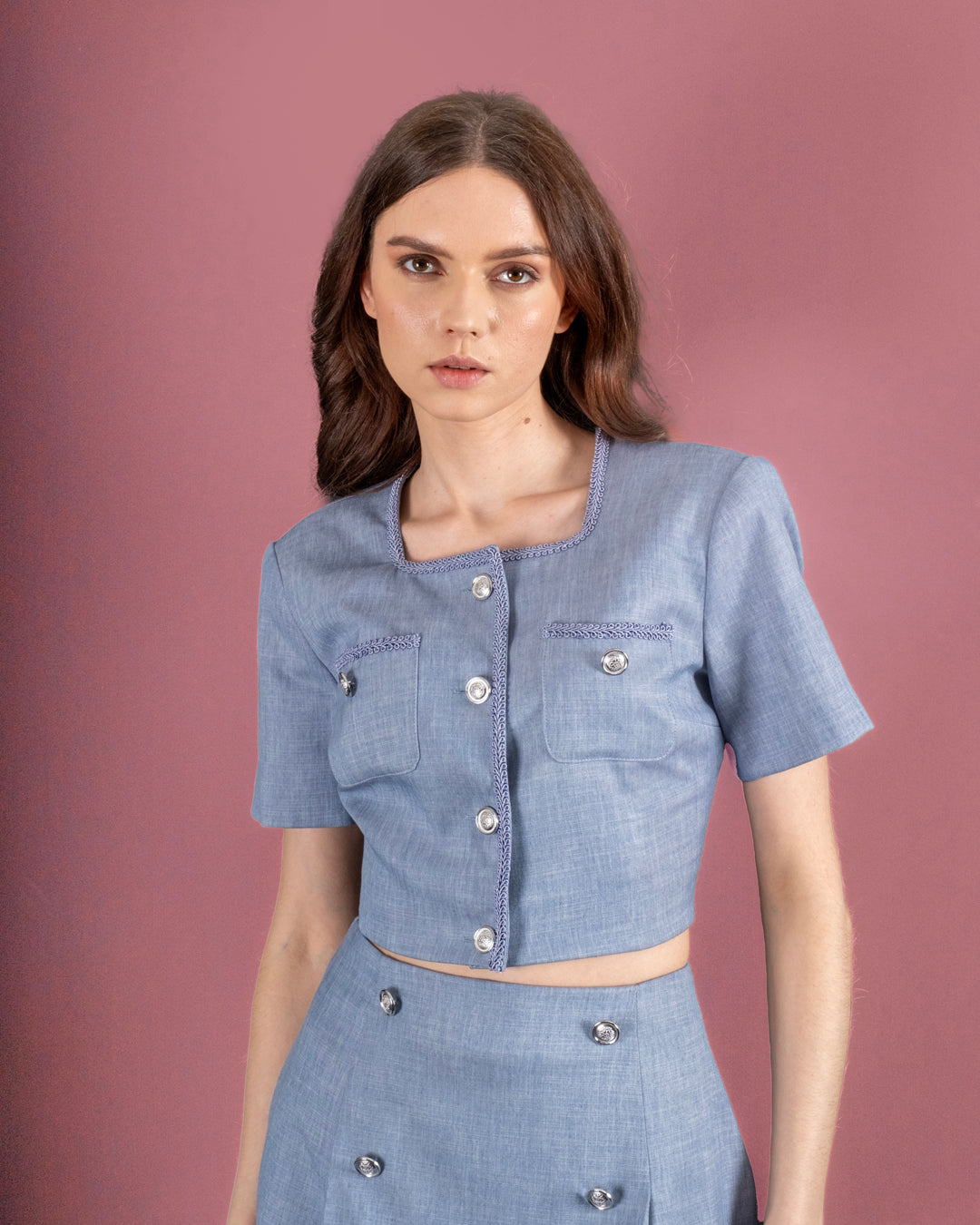 Düğme Detaylı Yakası İşlemeli Crop Ceket-Etek Takım