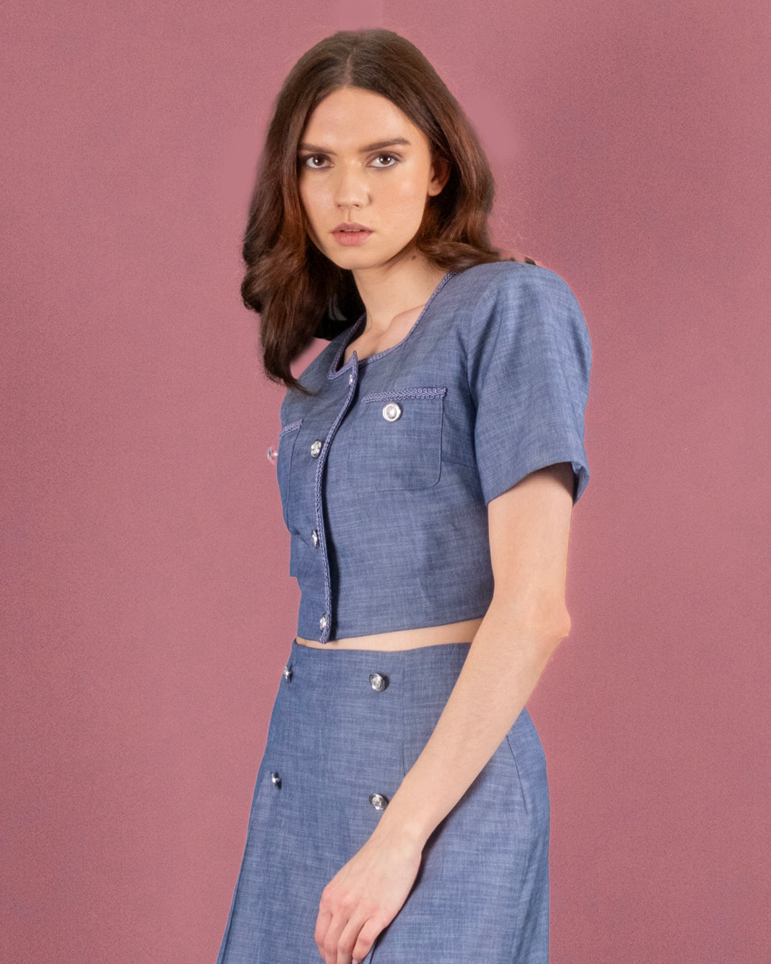 Düğme Detaylı Yakası İşlemeli Crop Ceket-Etek Takım