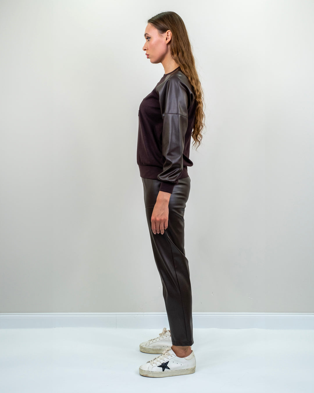 Yuvarlak Yaka Kolları Deri Sweatshirt - Pantolon Takım