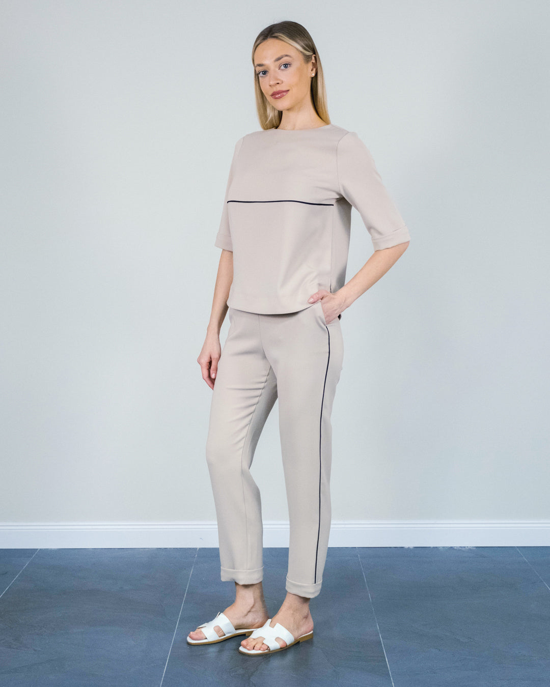 Çizgili Kısa Kollu Bluz-Pantolon Takım