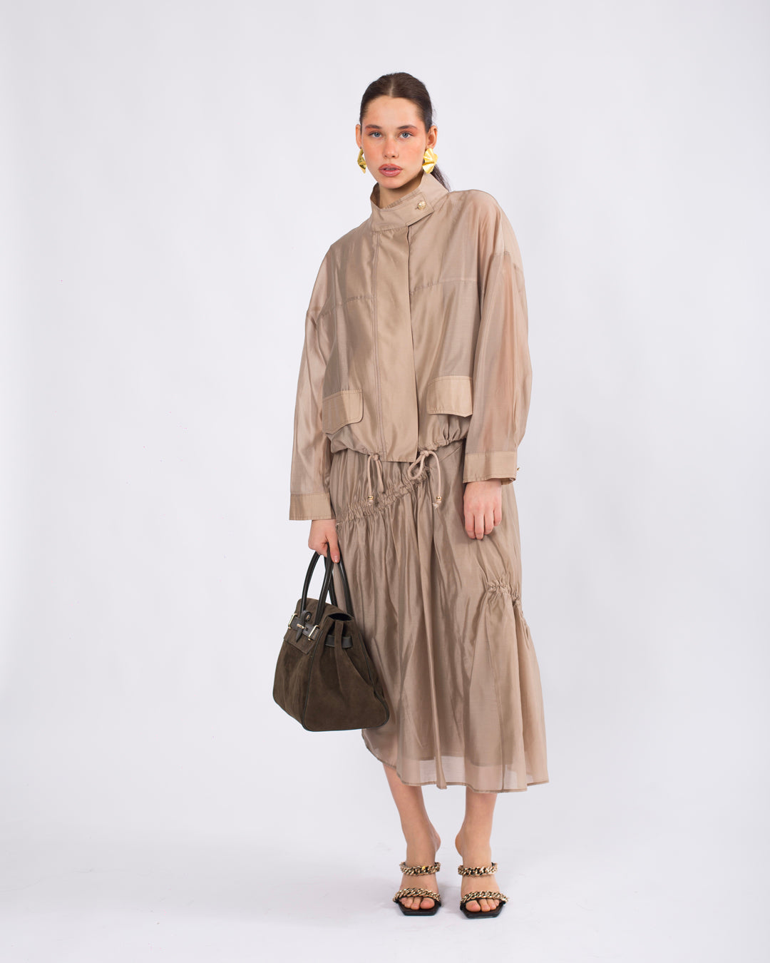 Yaka Detaylı Önü Düğmeli Oversize Ceket-Atlet-Beli Lastikli Etek Takım