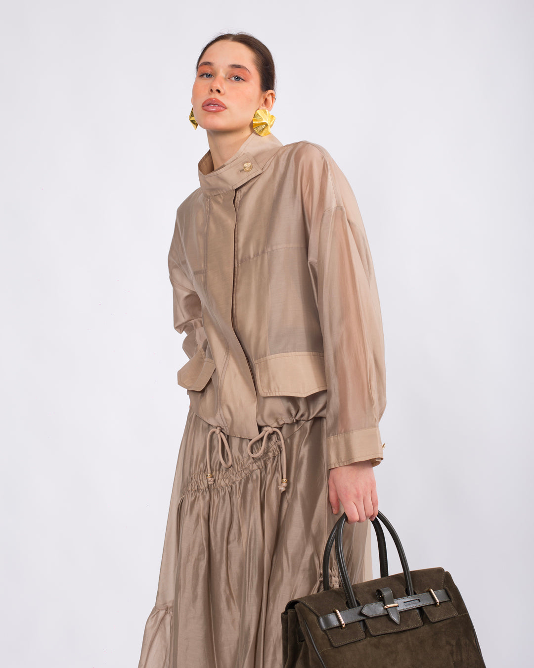 Yaka Detaylı Önü Düğmeli Oversize Ceket-Atlet-Beli Lastikli Etek Takım