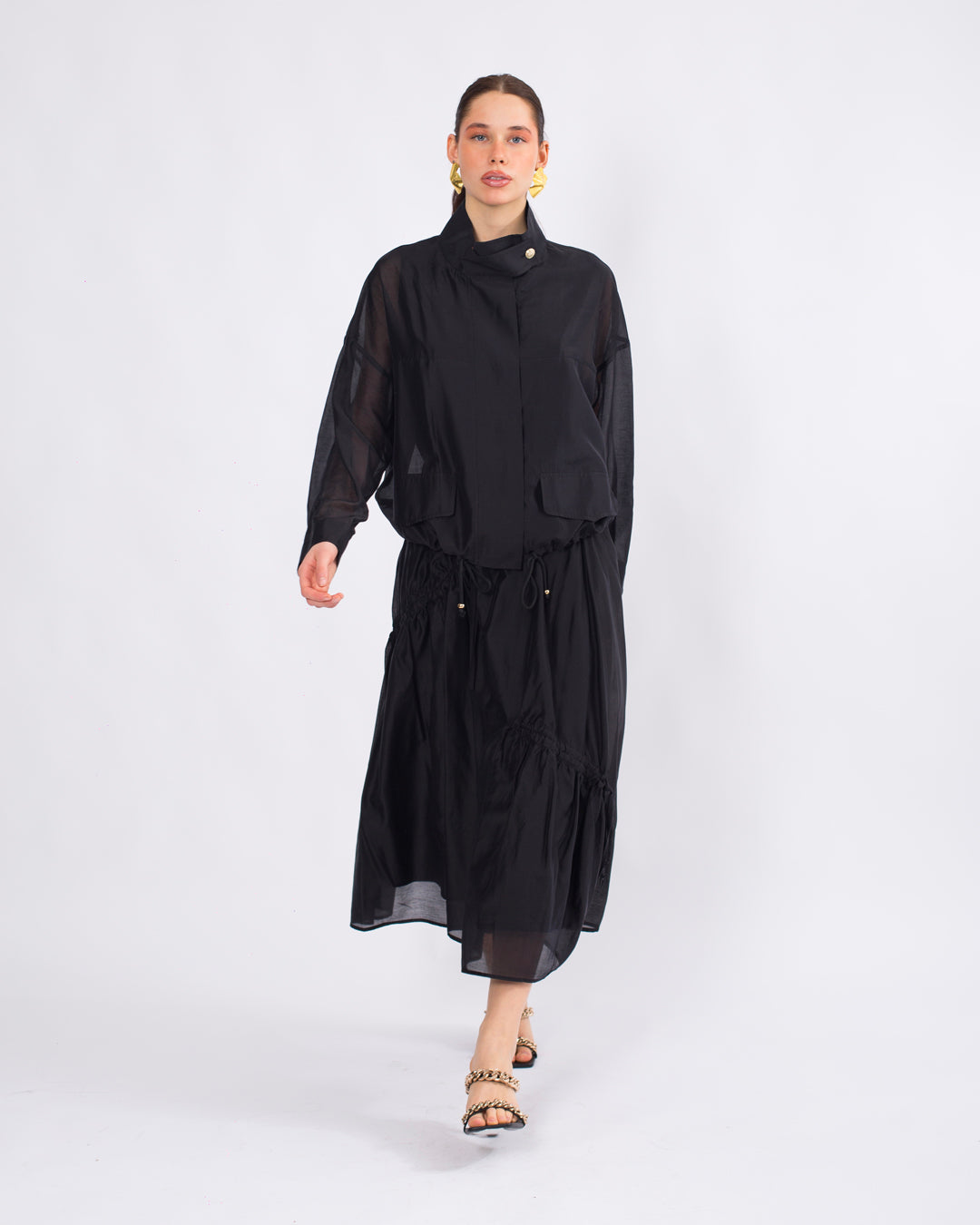 Yaka Detaylı Önü Düğmeli Oversize Ceket-Atlet-Beli Lastikli Etek Takım