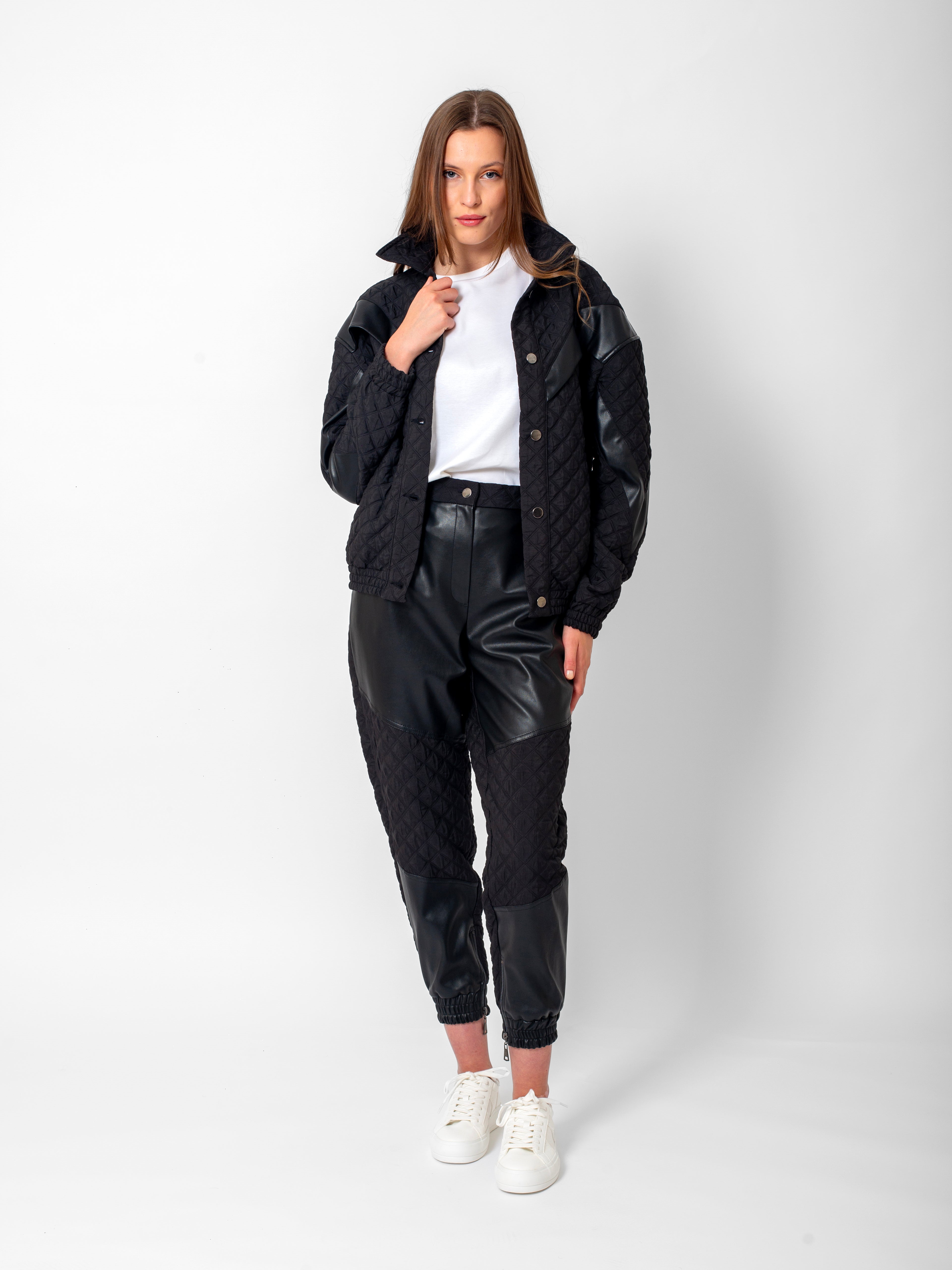 Gömlek Yaka Deri Detaylı Kapitone Mont-Beli Lastikli Pantolon Takım