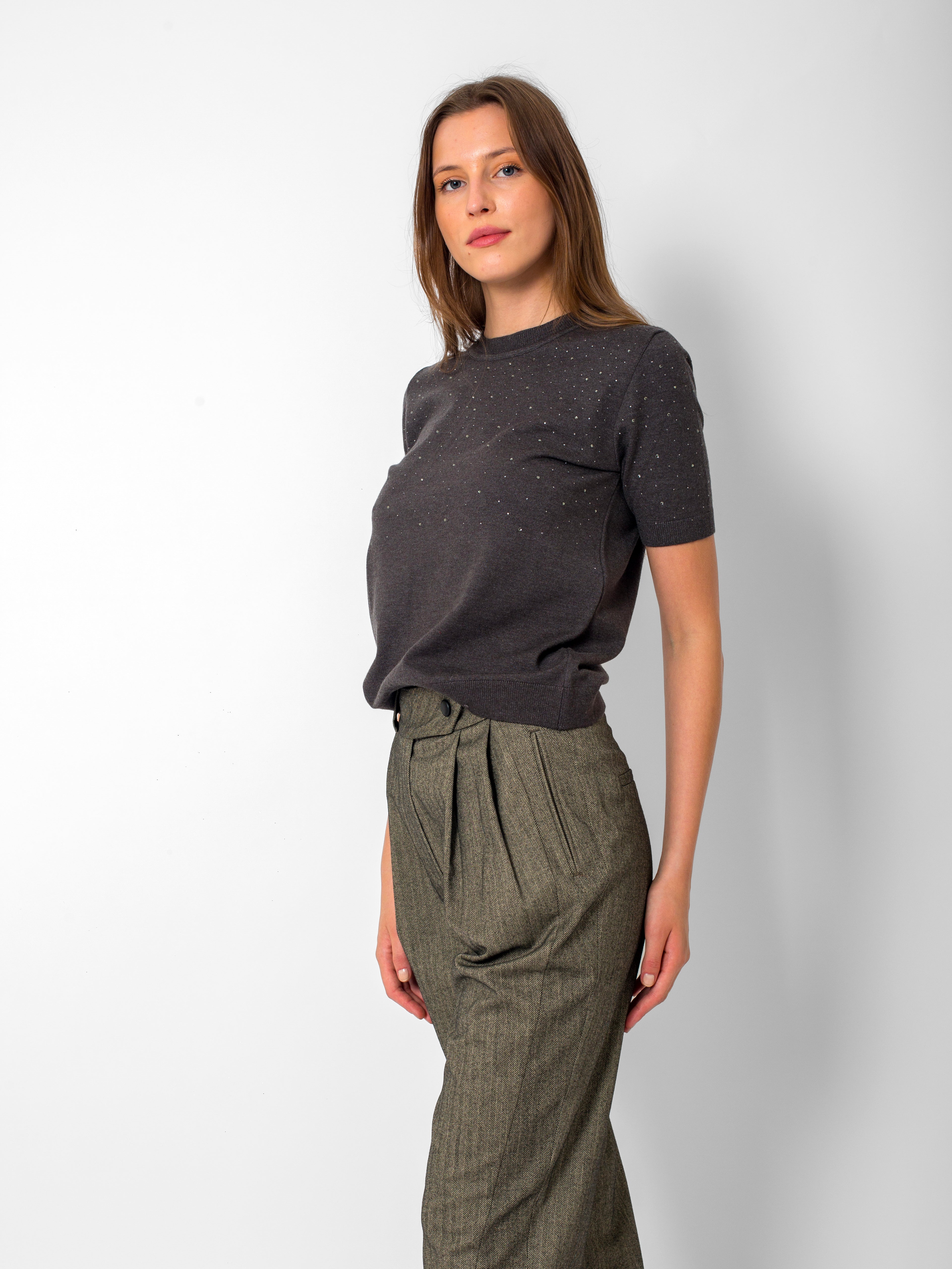 Yuvarlak Yaka Serpme Taşlı Kısa Kollu Triko Bluz