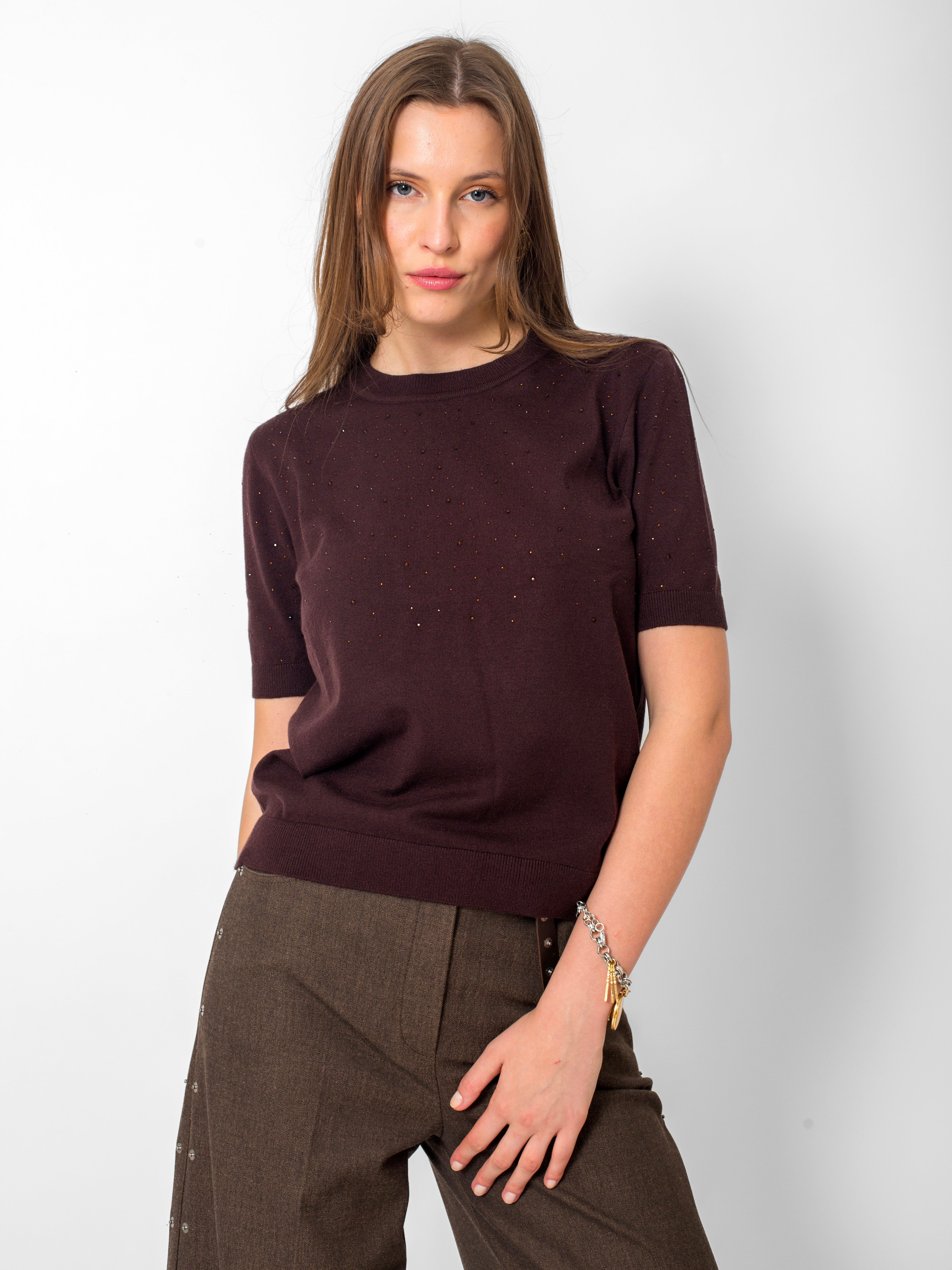 Yuvarlak Yaka Serpme Taşlı Kısa Kollu Triko Bluz