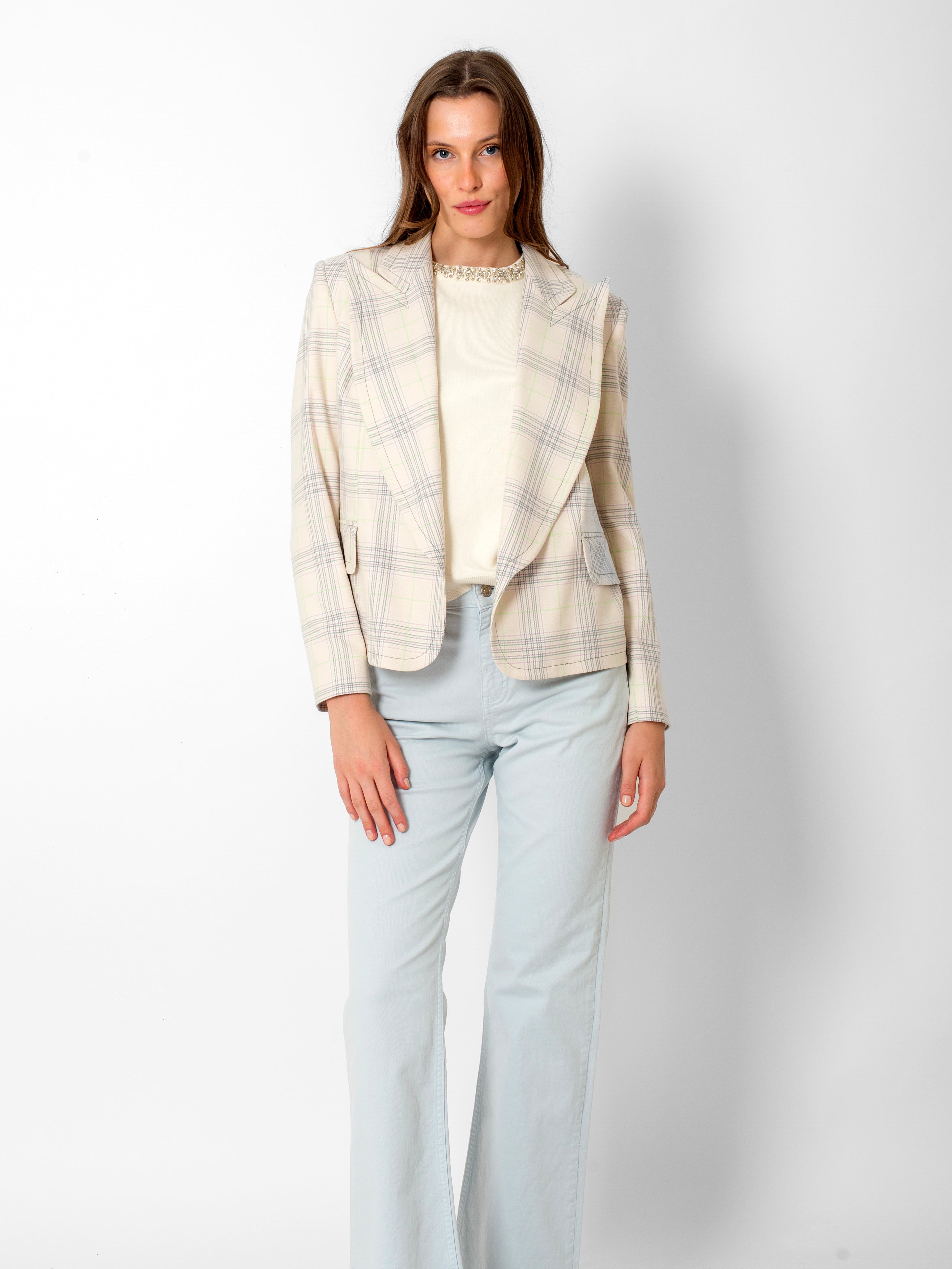 Kruvaze Yaka Ön Detaylı Çizgili Ceket