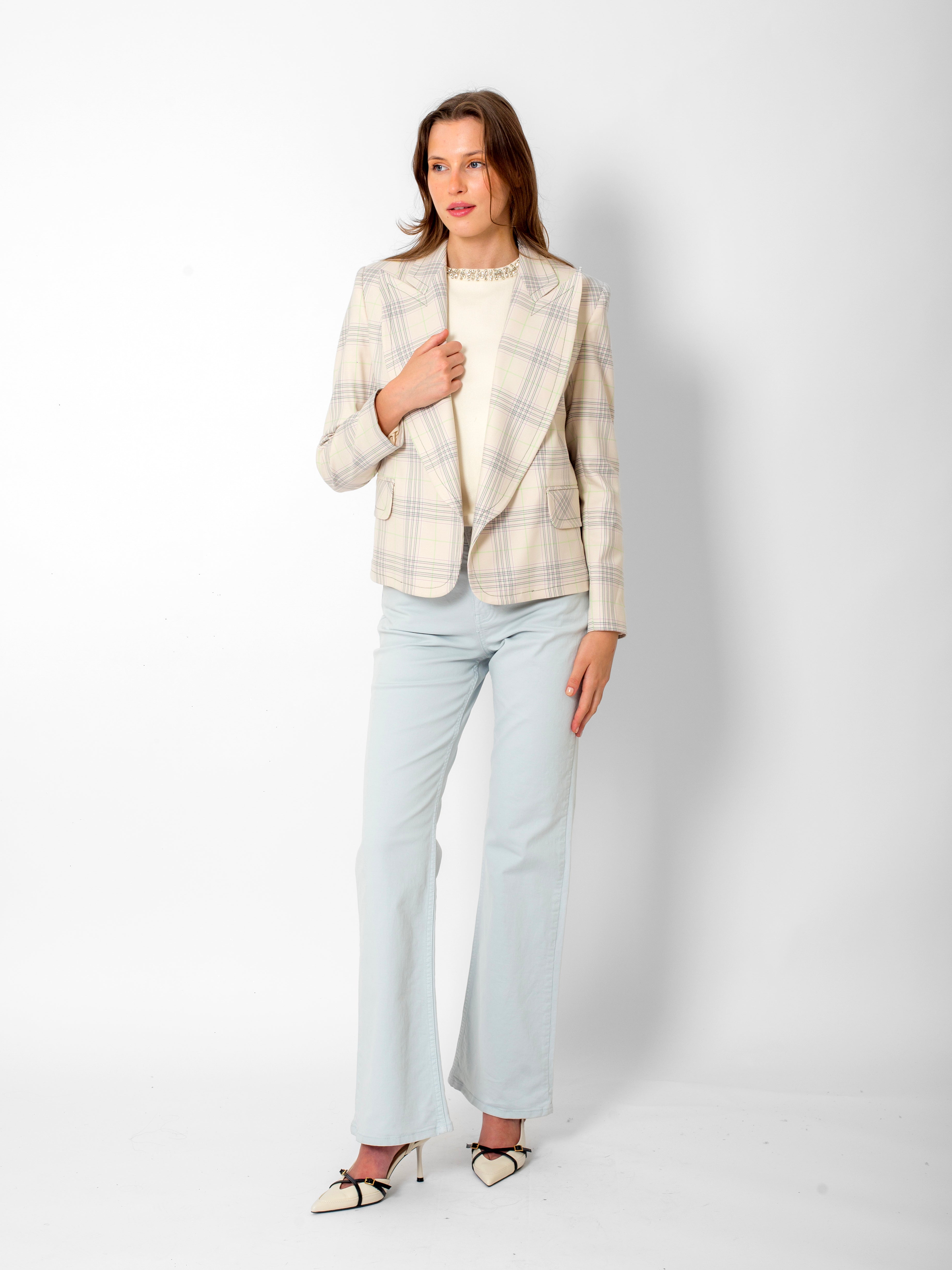 Kruvaze Yaka Ön Detaylı Çizgili Ceket