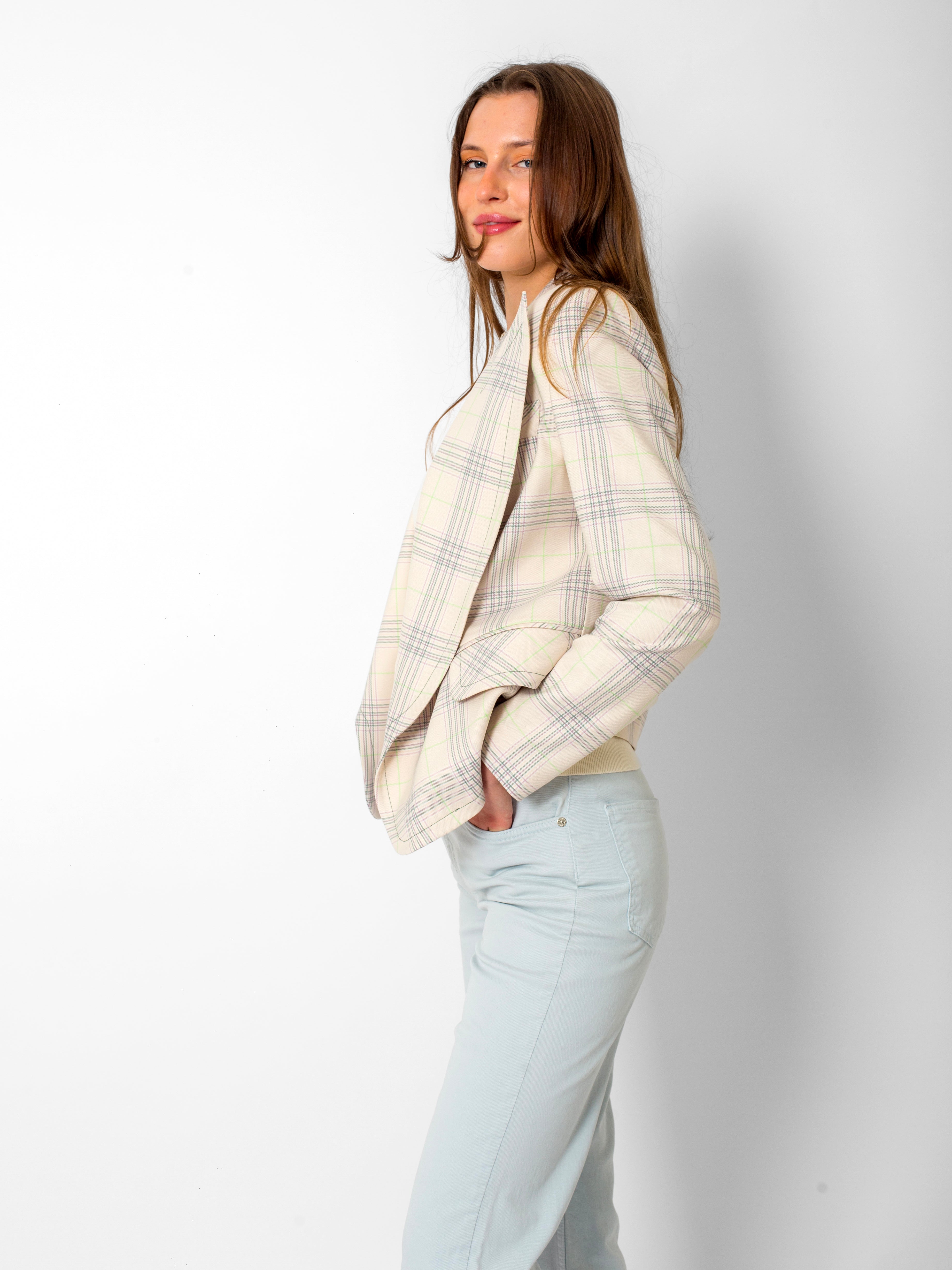 Kruvaze Yaka Ön Detaylı Çizgili Ceket