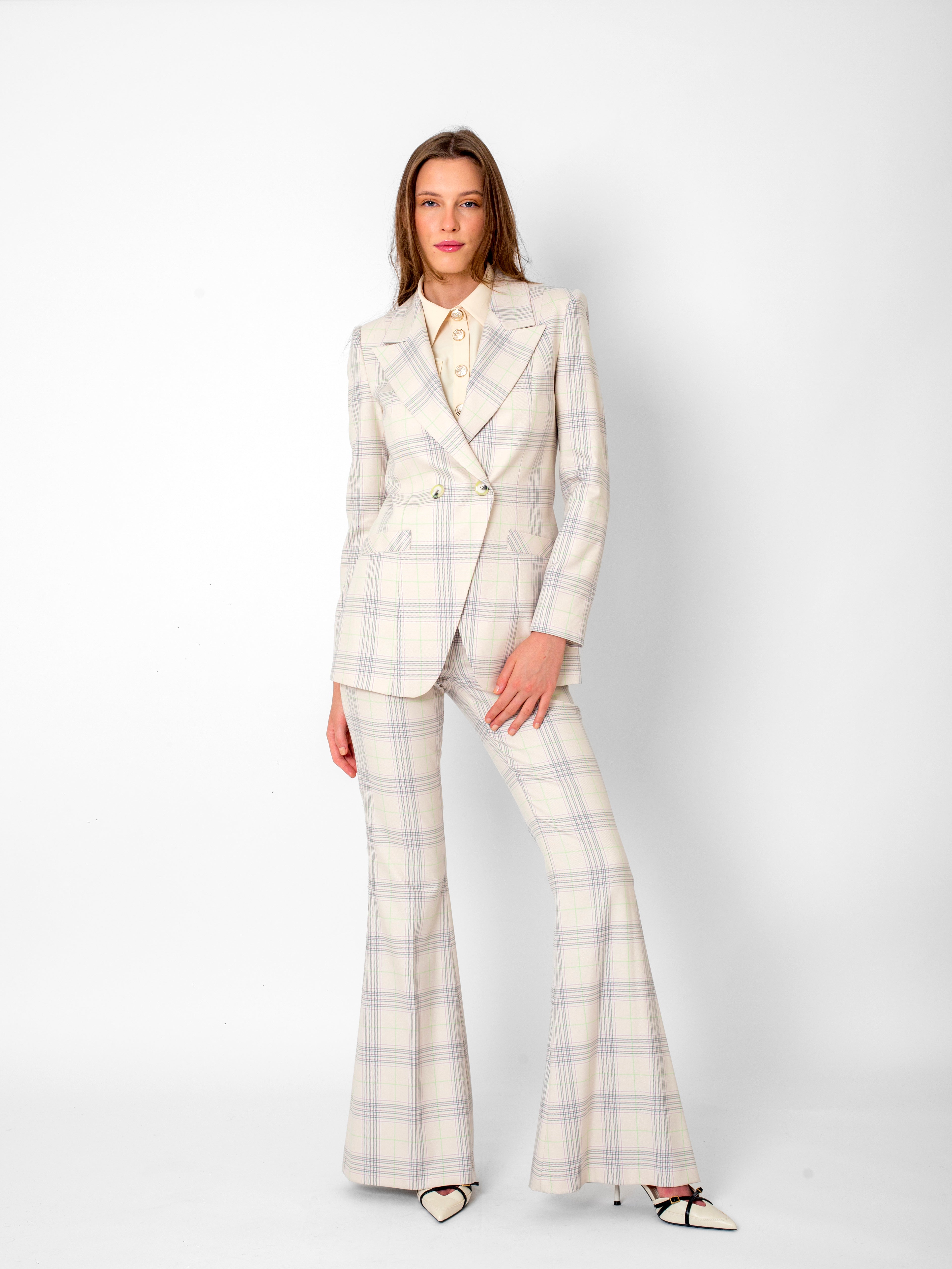 Kruvaze Yaka Çizgili Düğmeli Ceket-Geniş Paça Pantolon Takım