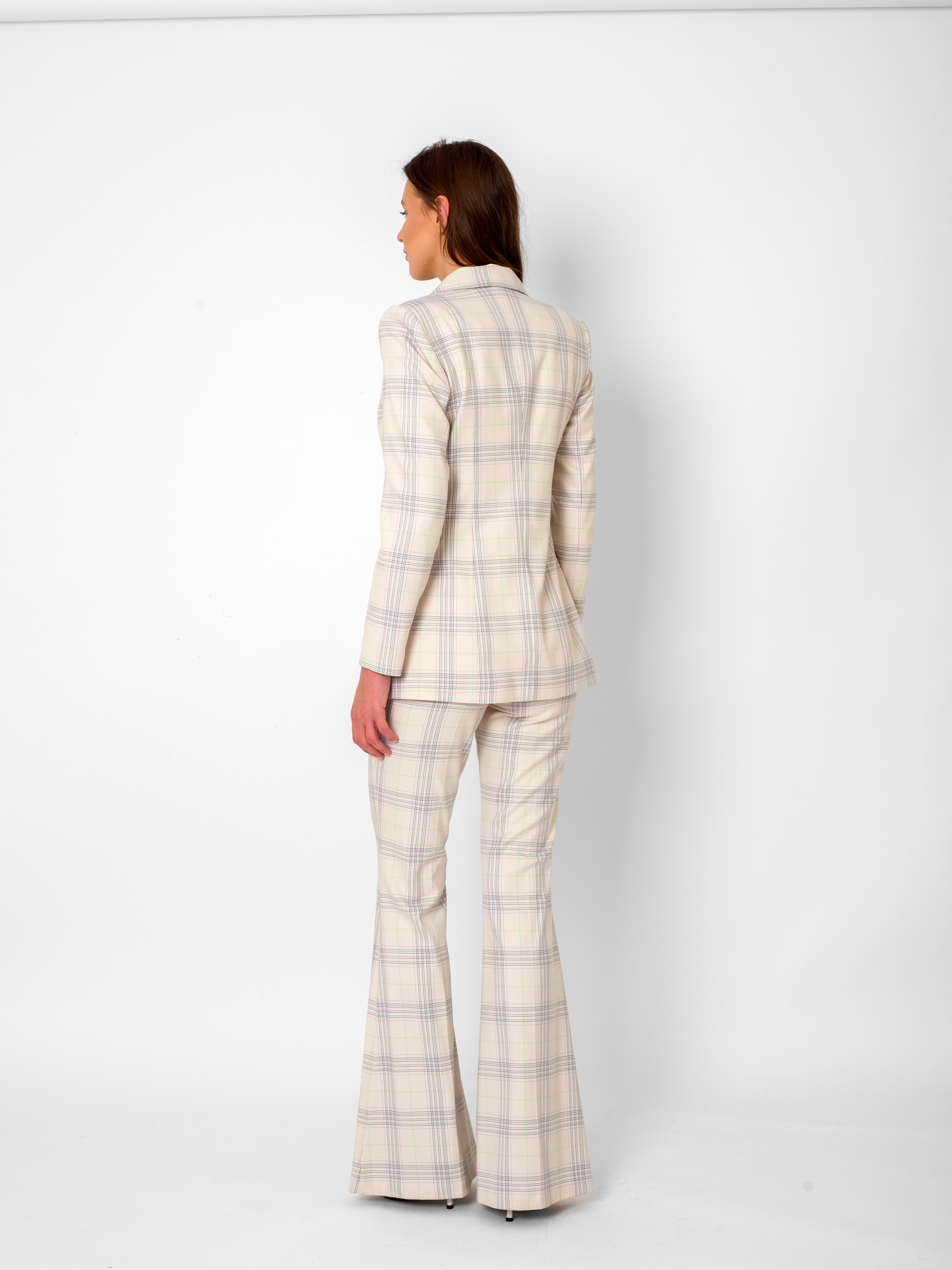 Kruvaze Yaka Çizgili Düğmeli Ceket-Geniş Paça Pantolon Takım