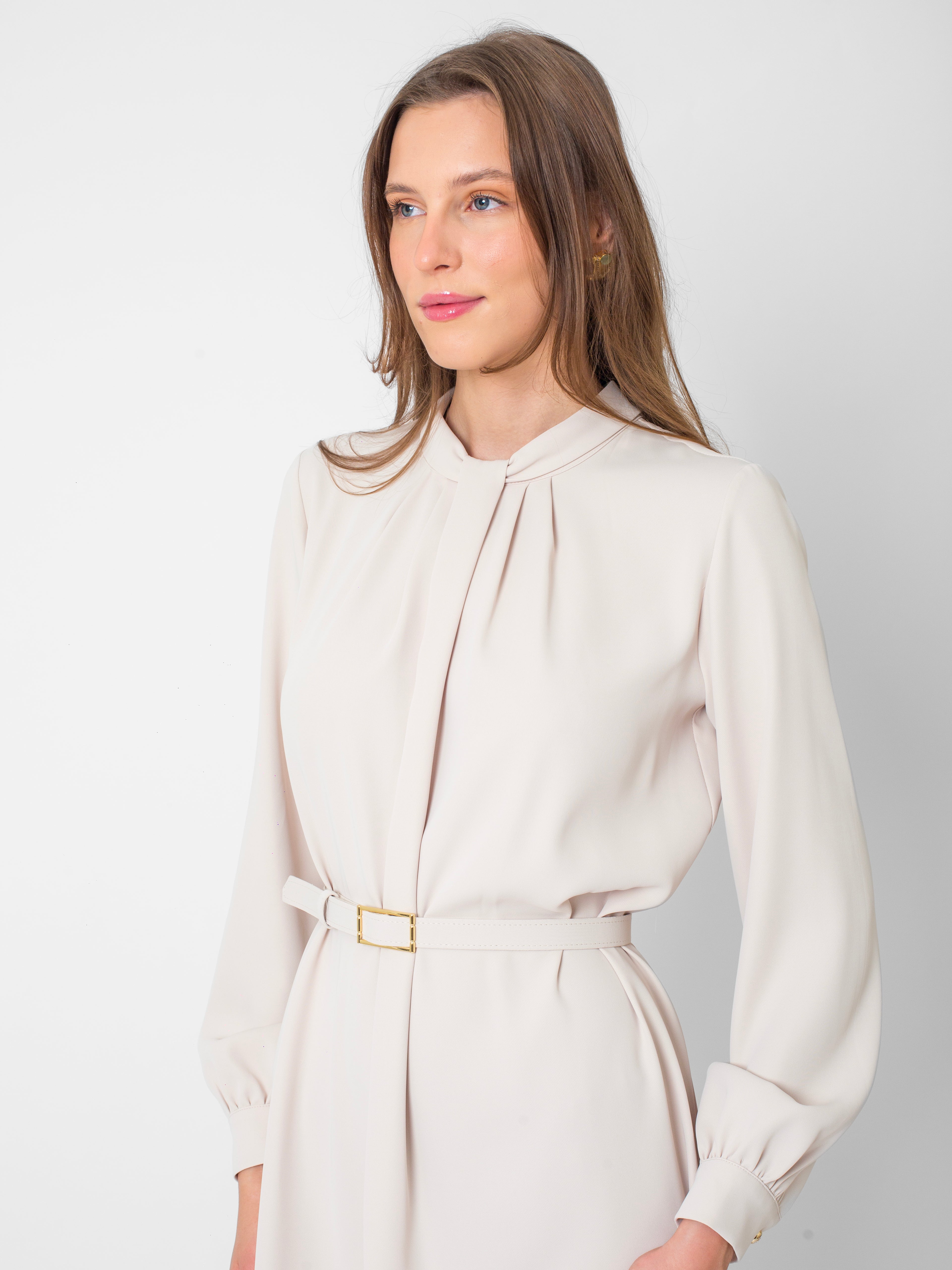 Yuvarlak Yaka, Yaka Detaylı Kemerli Elbise