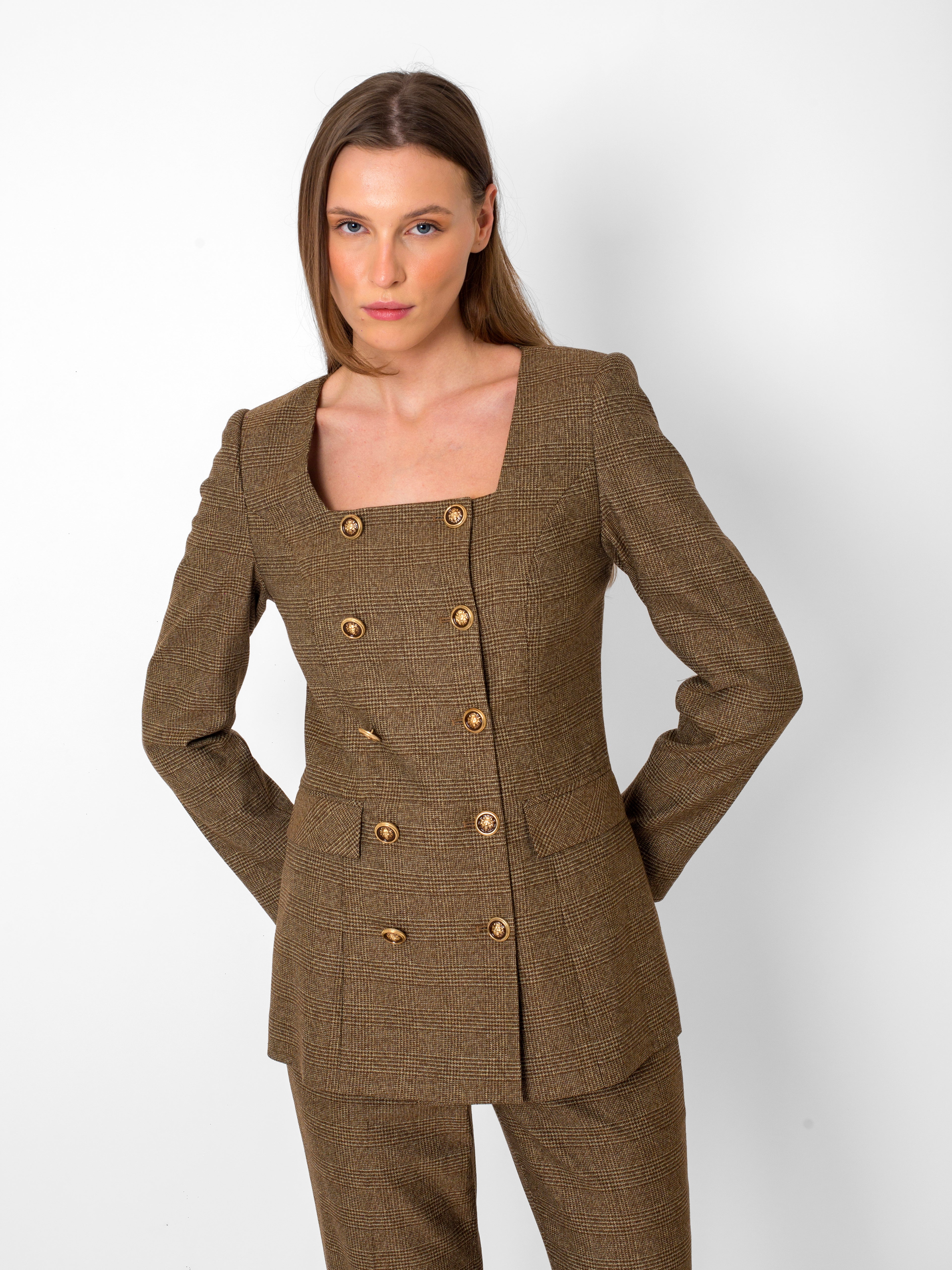 Kare Yaka Önü Düğme Detaylı Ekoseli Ceket - Pantolon Takım