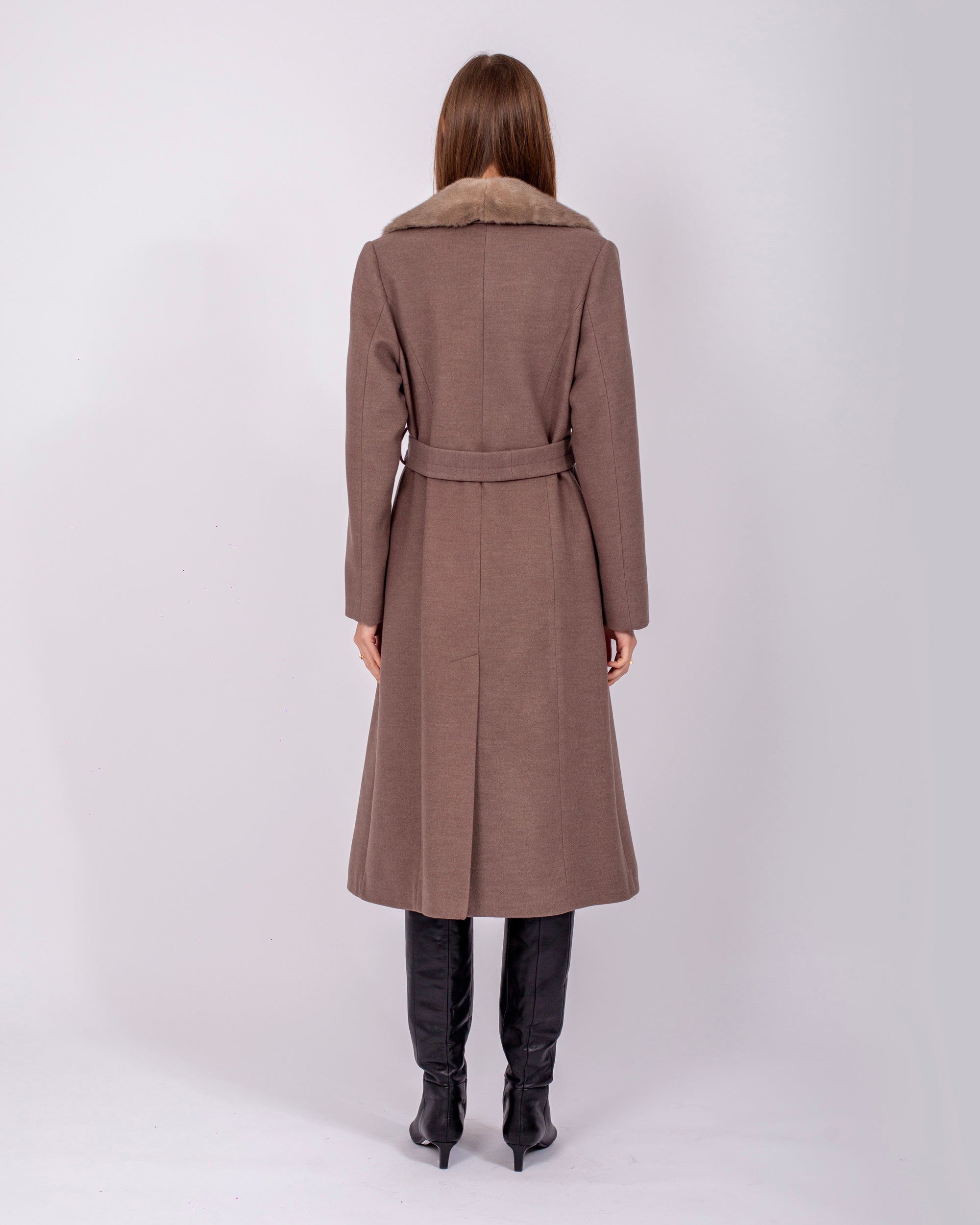 Yakası Vizon Kürklü Kemerli Cashmere Kaban
