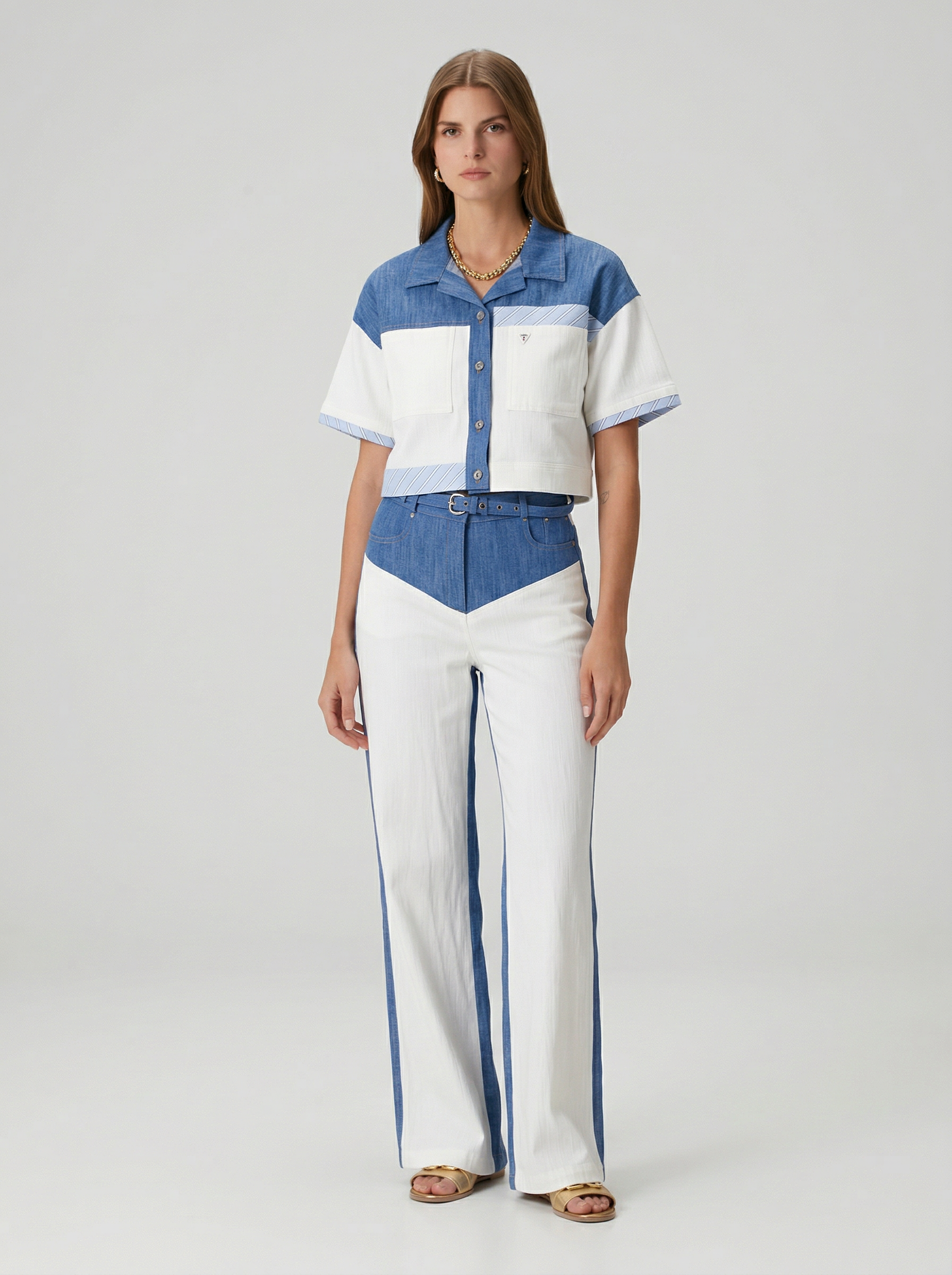 Gömlek Yaka Önü Düğmeli Kısa Kollu Ceket-Kemerli Pantolon Takım