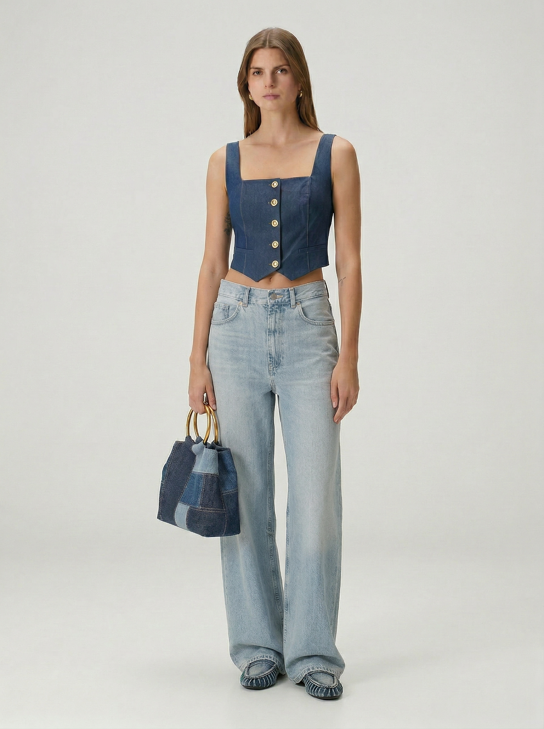 Önü Düğme Detaylı Askılı Denim Büstiyer