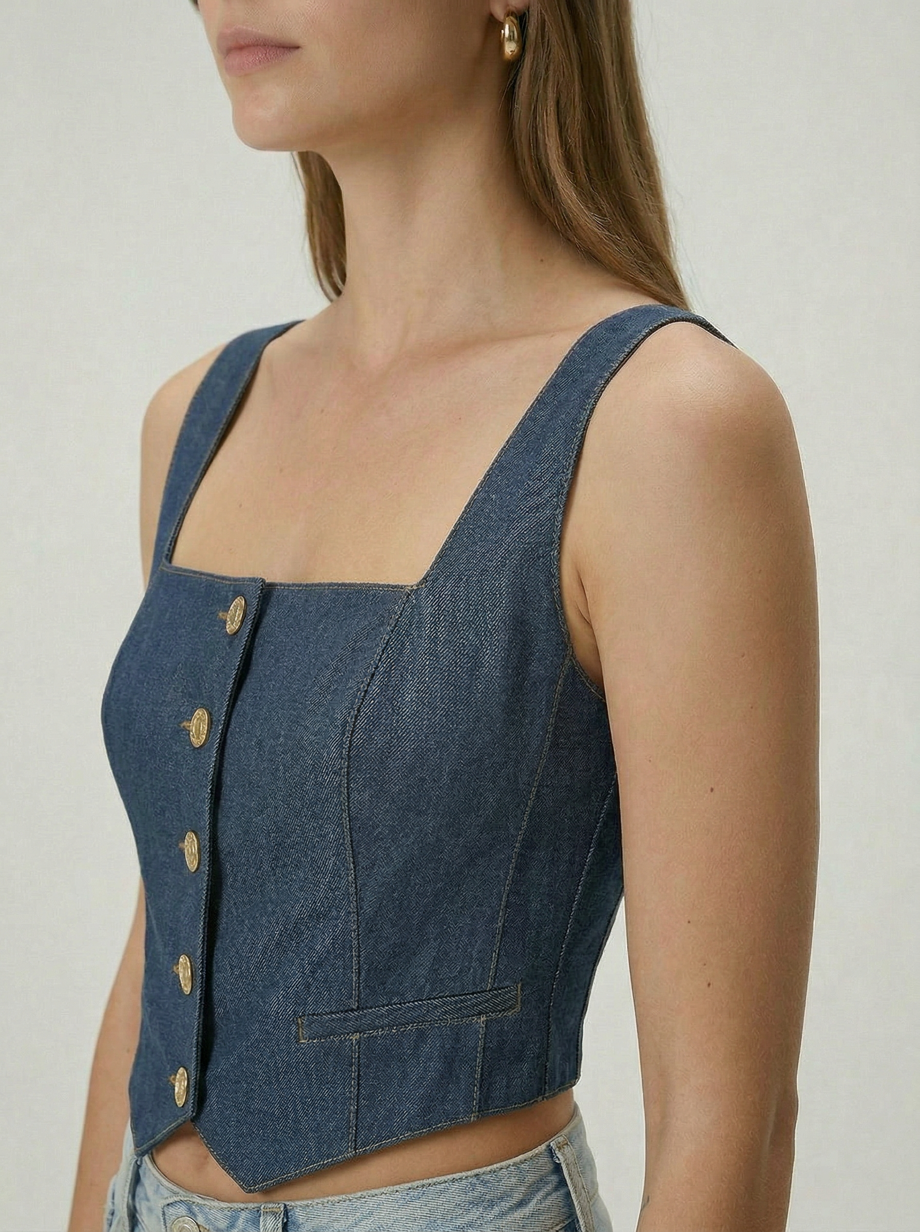 Önü Düğme Detaylı Askılı Denim Büstiyer