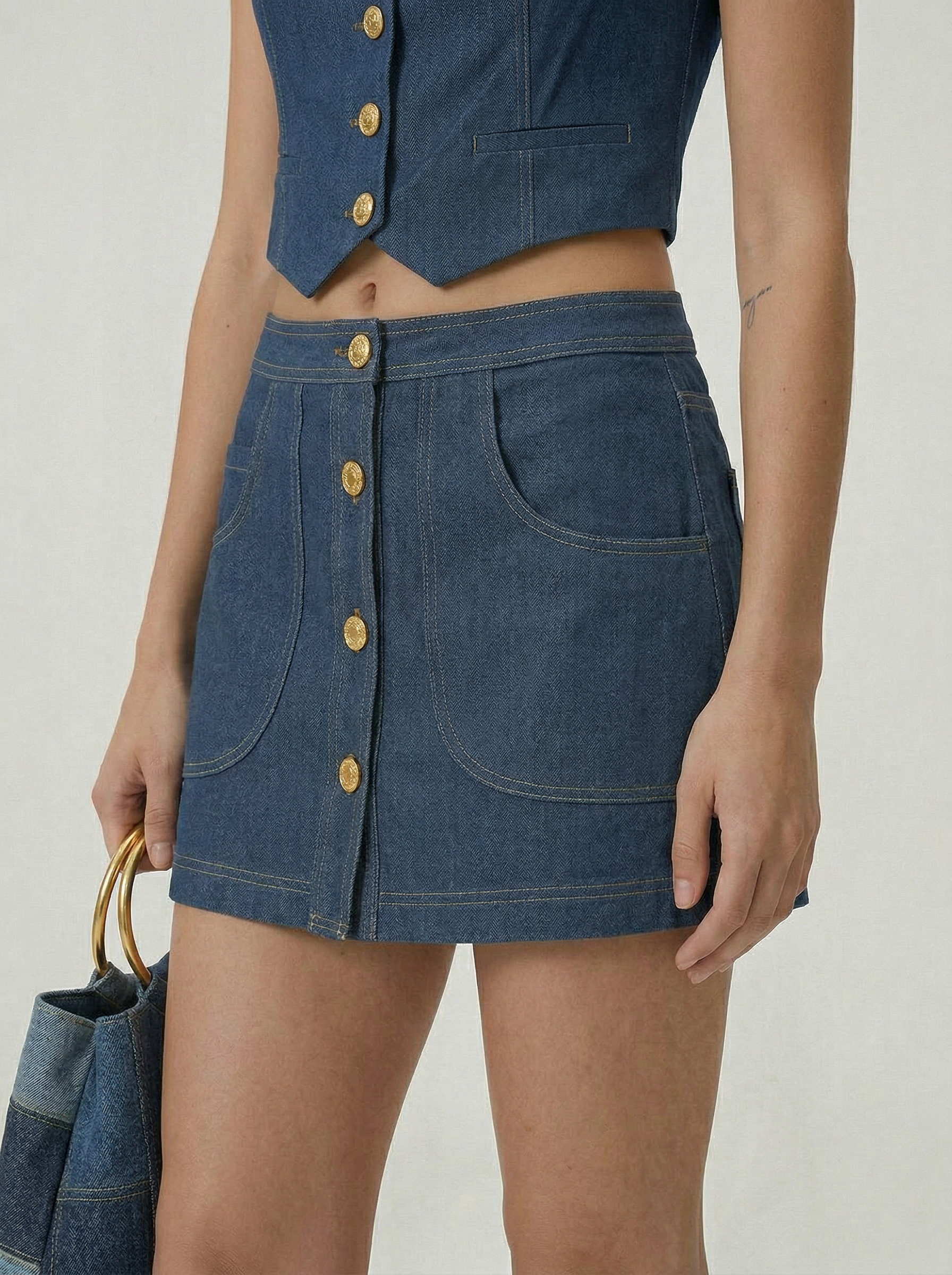 Önü Düğme Detaylı Denim Etek